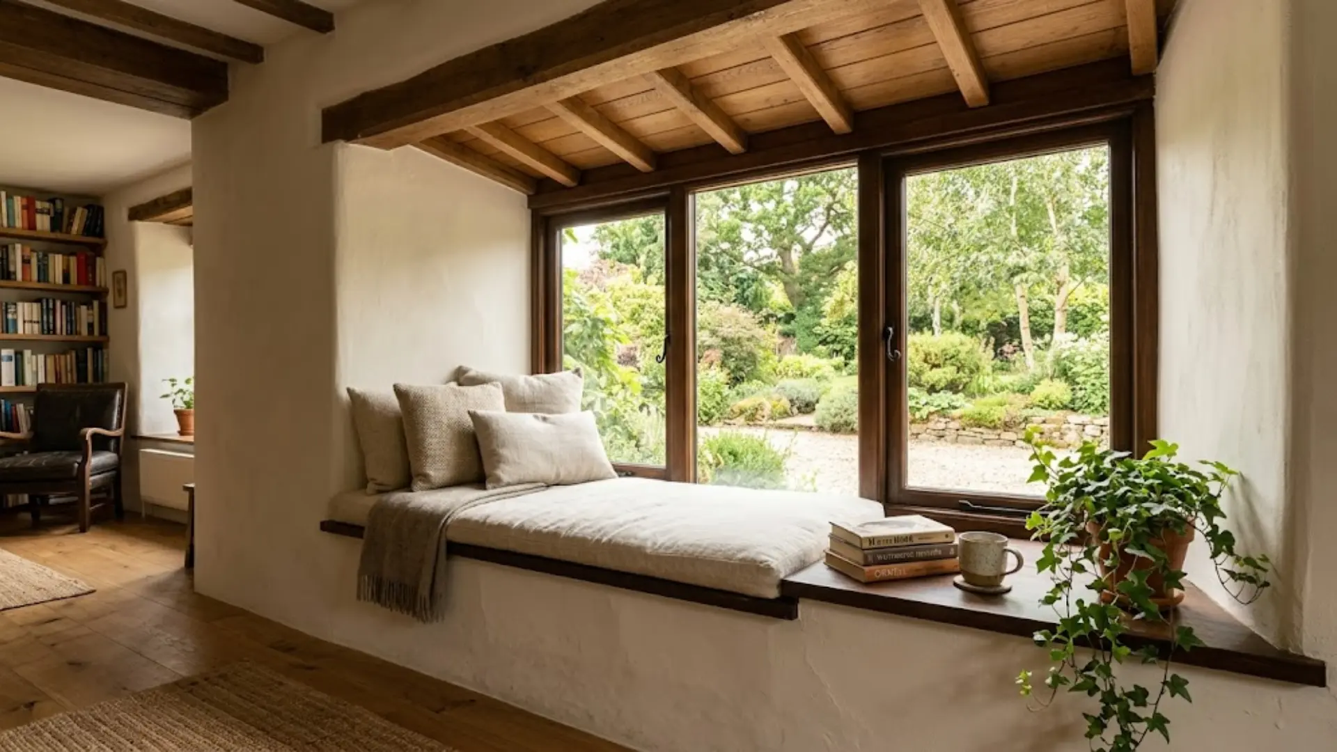built-in linen window seat reading nook in a timber alcove with garden view and surrounding oak floor room
