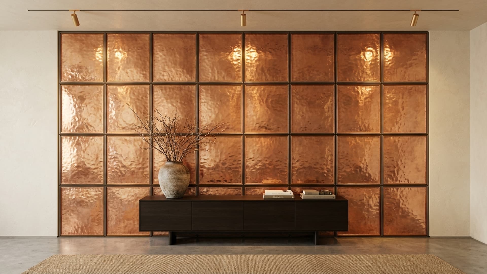 hammered copper sheet art mounted in simple frame on white living room wall