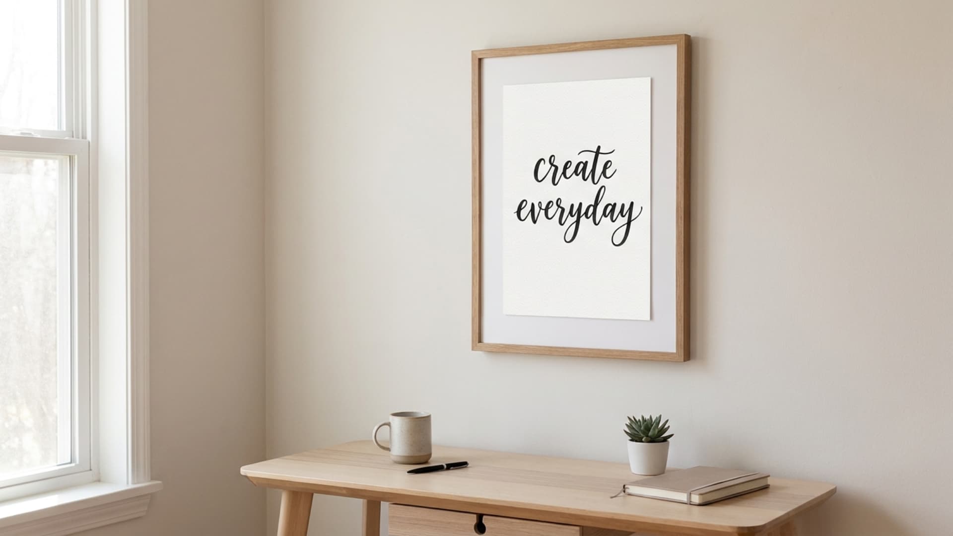 hand lettered quote on cardstock in simple black frame mounted on white wall
