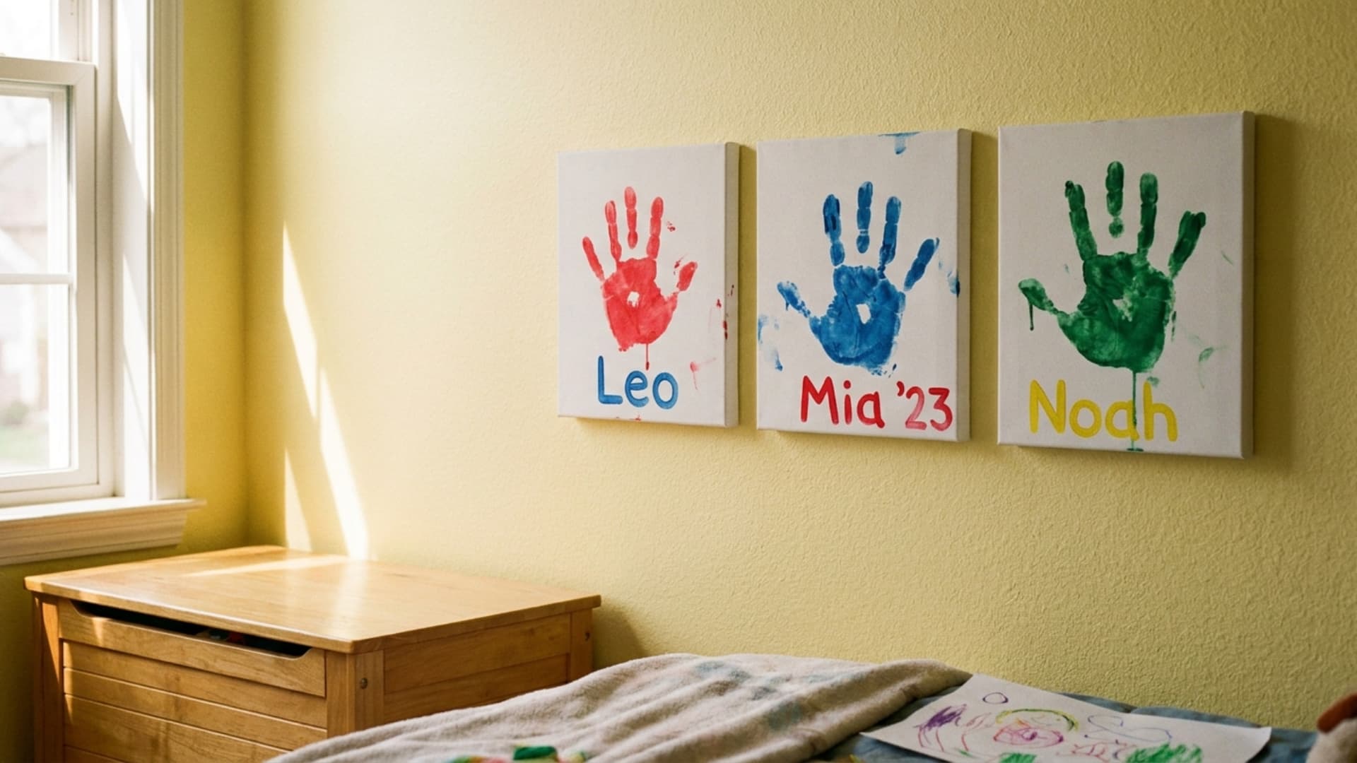 handprint art canvases in bright colors mounted on pastel yellow kids bedroom wall