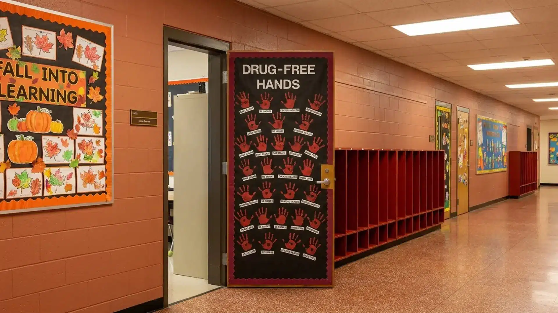 a hallway showcasing a door marked kindness wins encouraging a welcoming environment