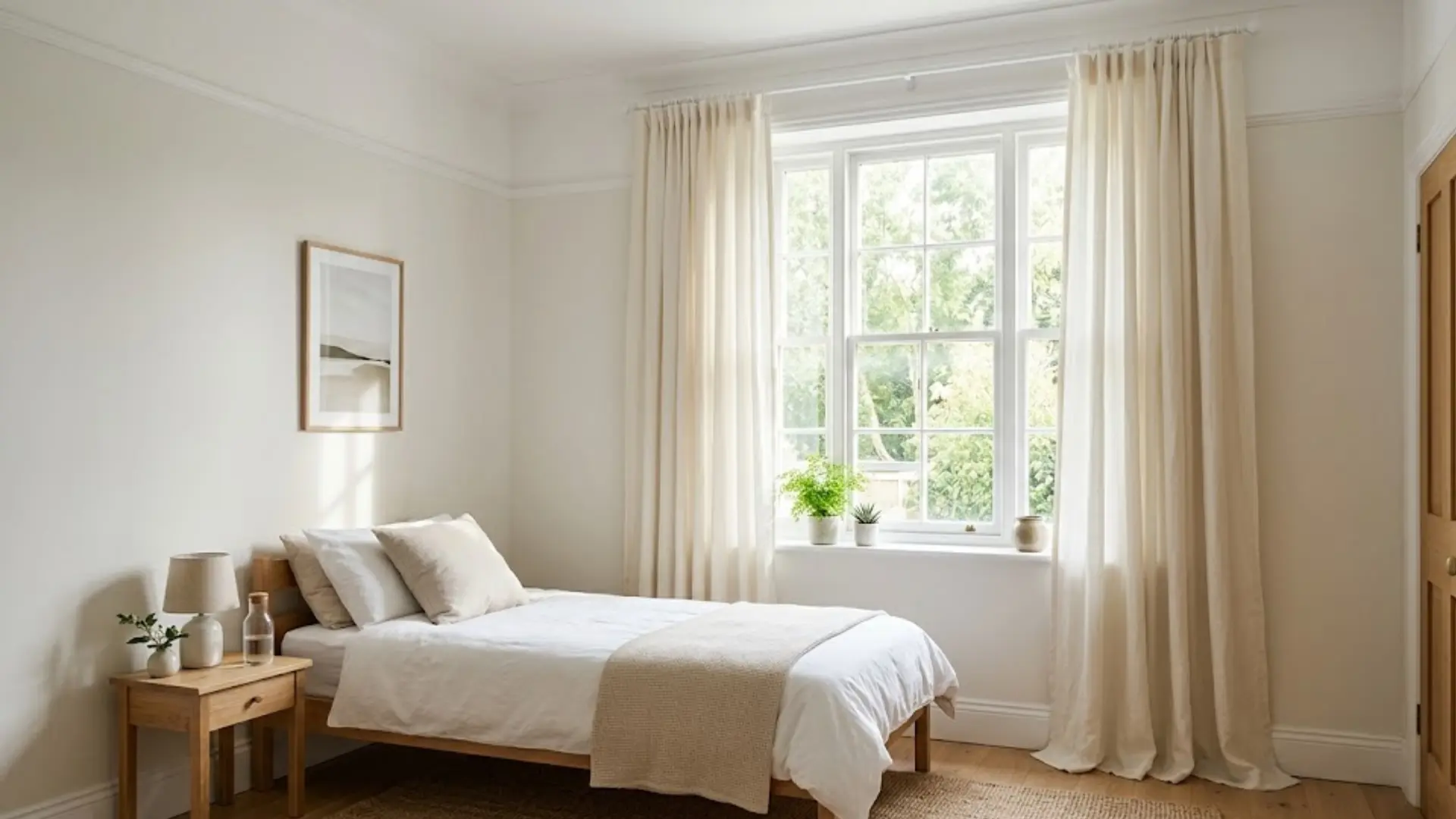 simple bedroom with a wood-frame bed, cream floor-length curtains, and light streaming from a window