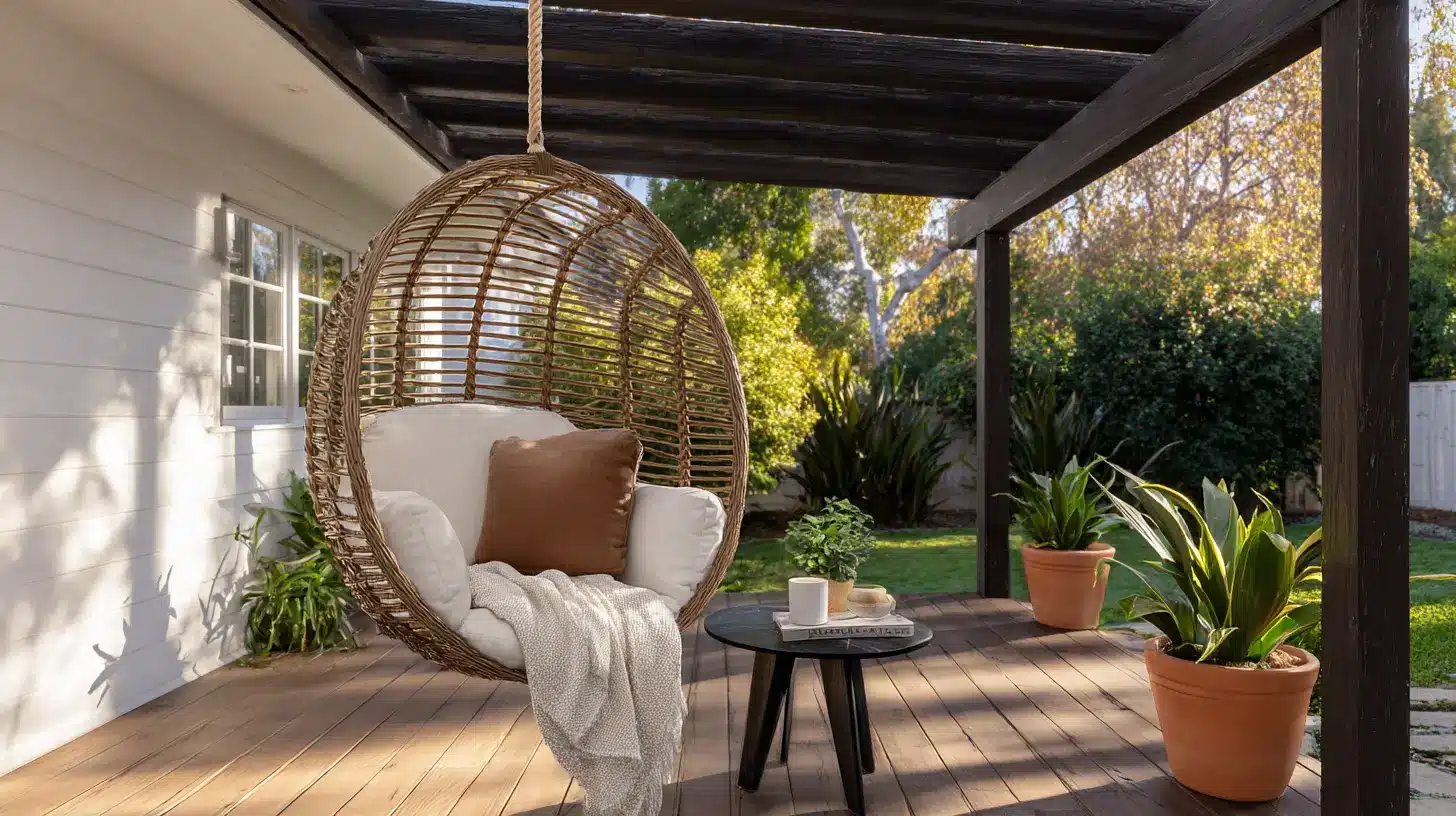 rattan hanging egg chair suspended from dark wood pergola beam on a covered outdoor deck