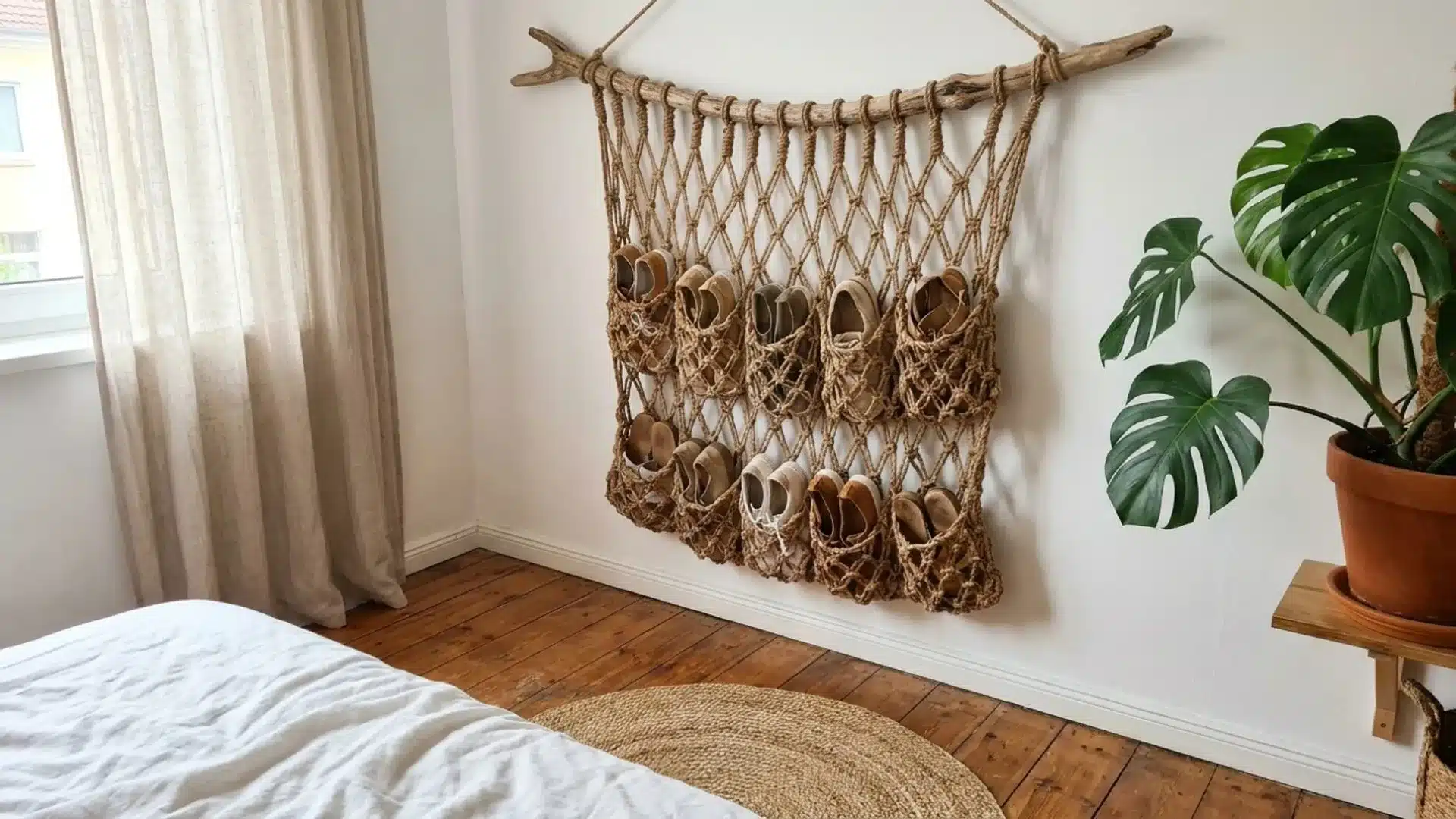 a bed with a rope hanging on the wall in a softly lit room creating a cozy and inviting atmosphere
