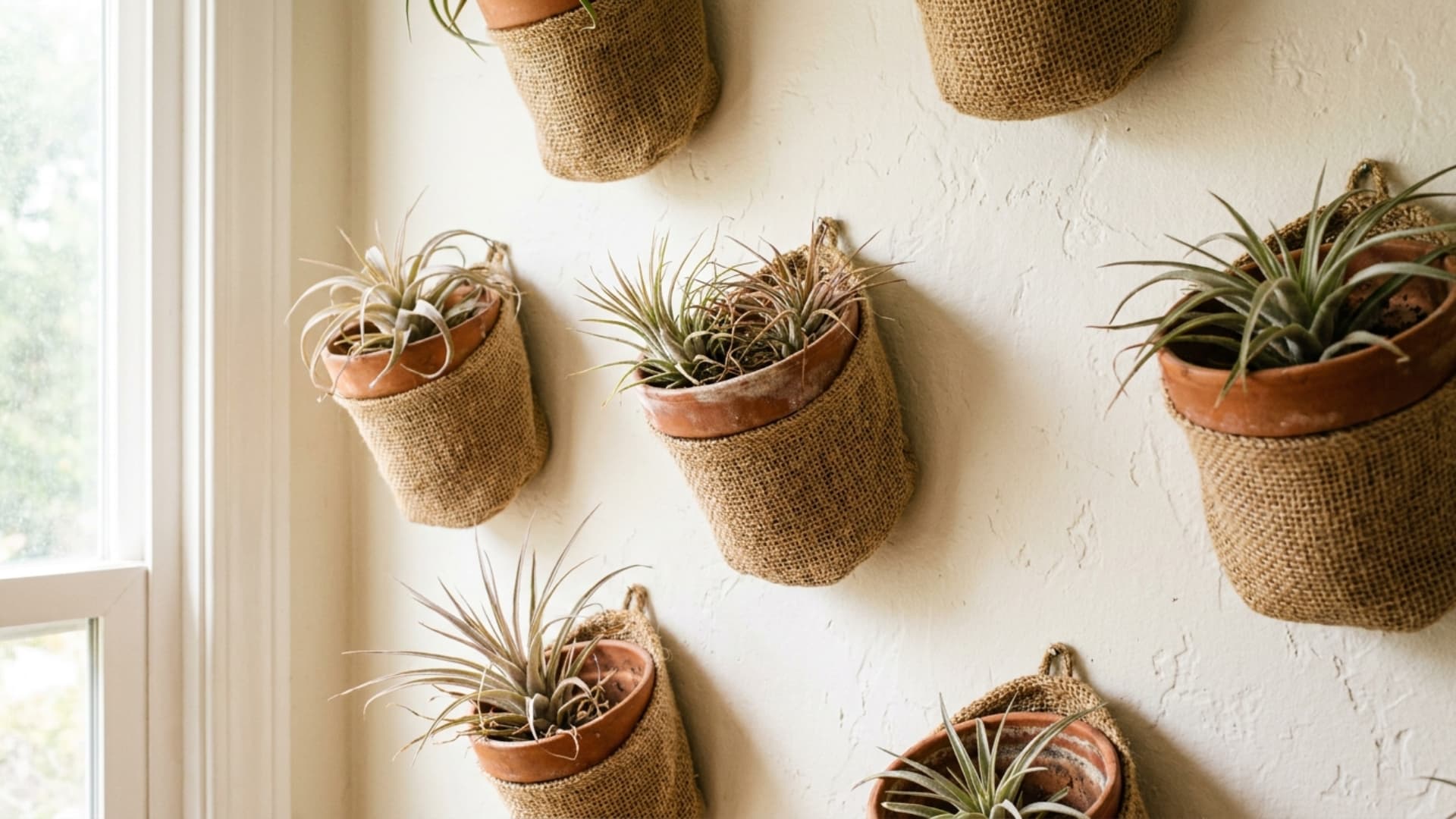 hanging planter wall arrangement with trailing pothos in macrame holders on white wall