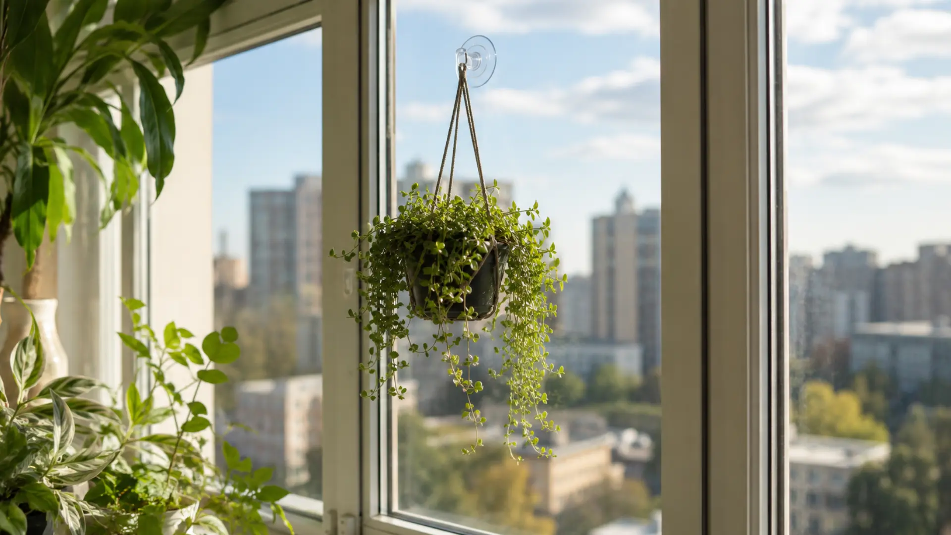 a trailing green plant hangs from a clear suction cup hook attached to a bright window pane