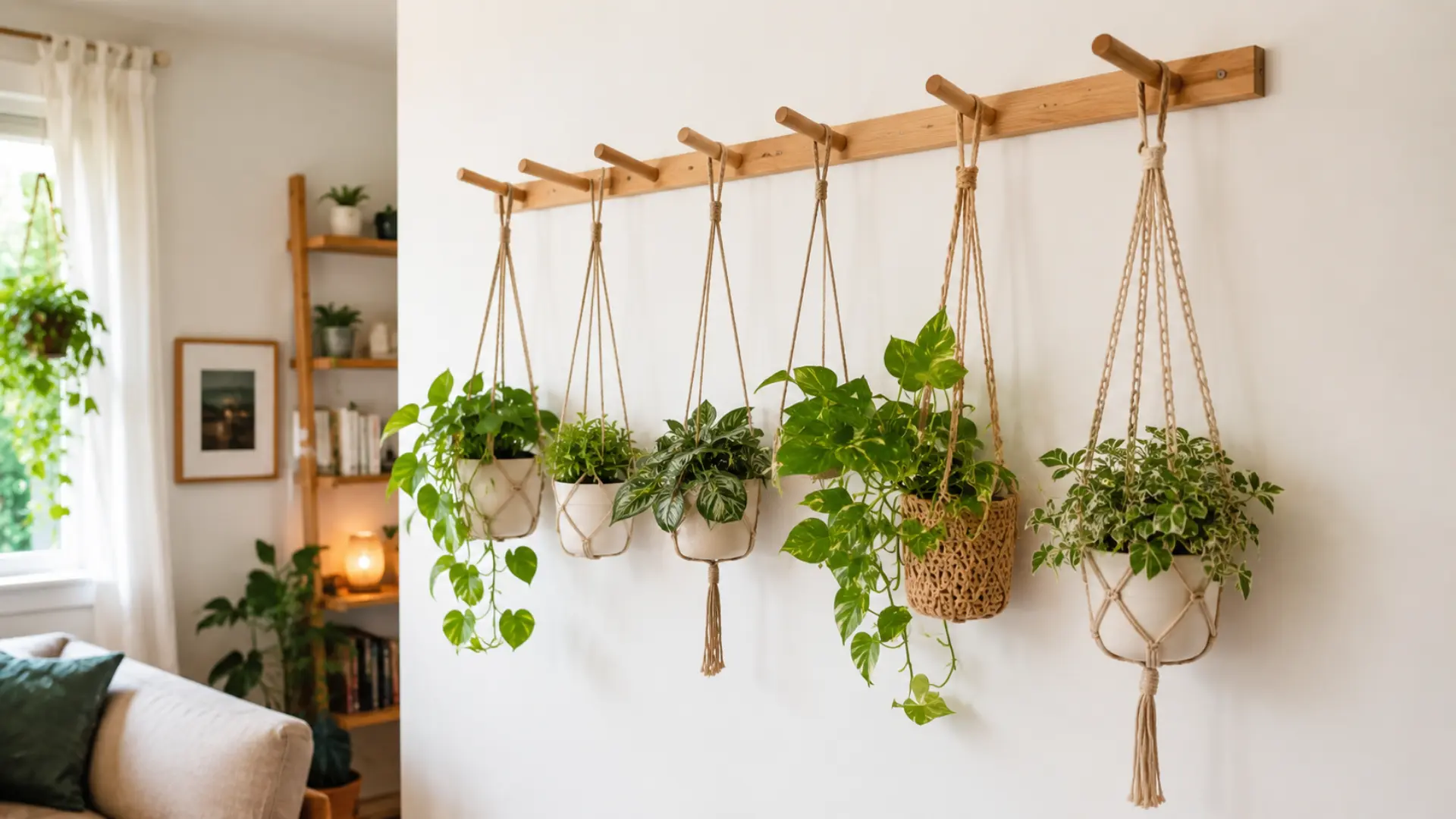 five potted green plants hang in macrame hangers from a wooden peg rail system on a white wall