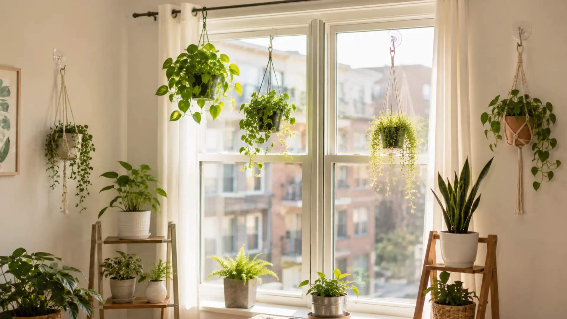 various green indoor plants hanging from a curtain rod and window hooks in a bright sunny room