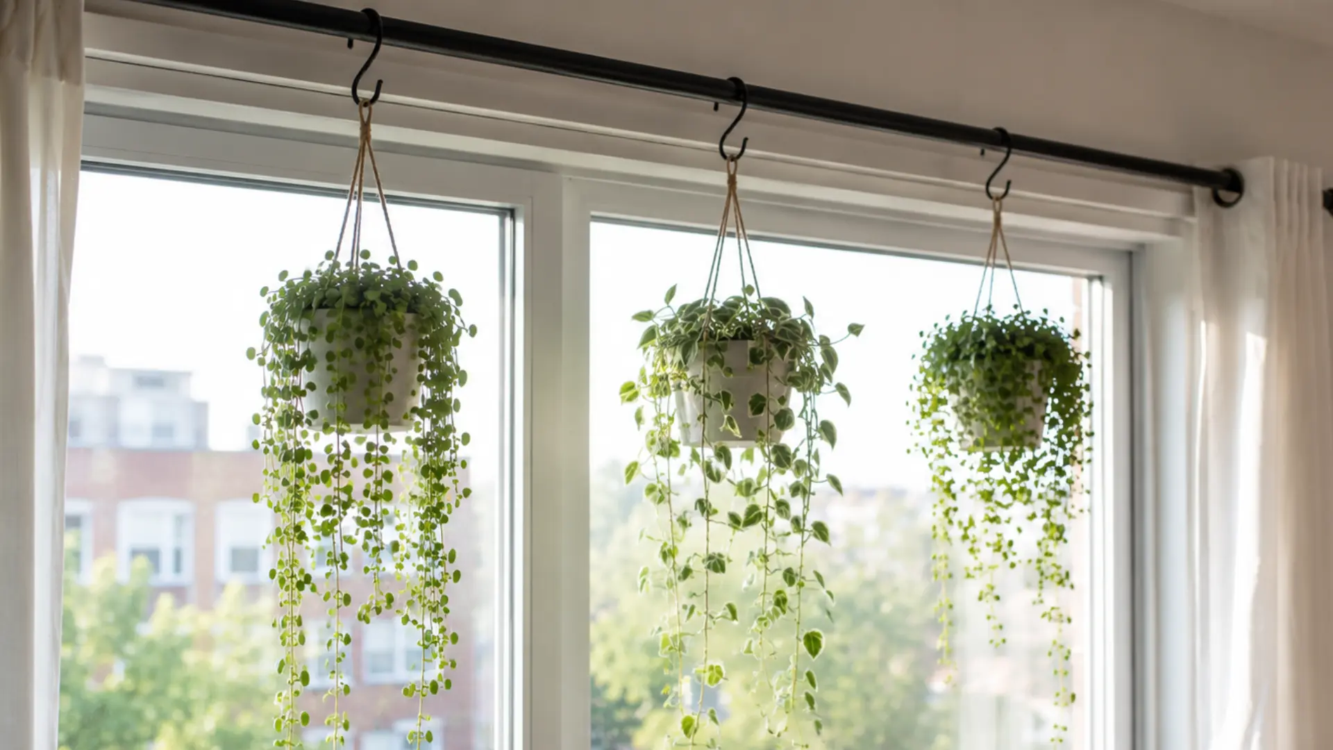 three trailing plants in white pots hung from s-hooks on a black curtain rod over a bright window
