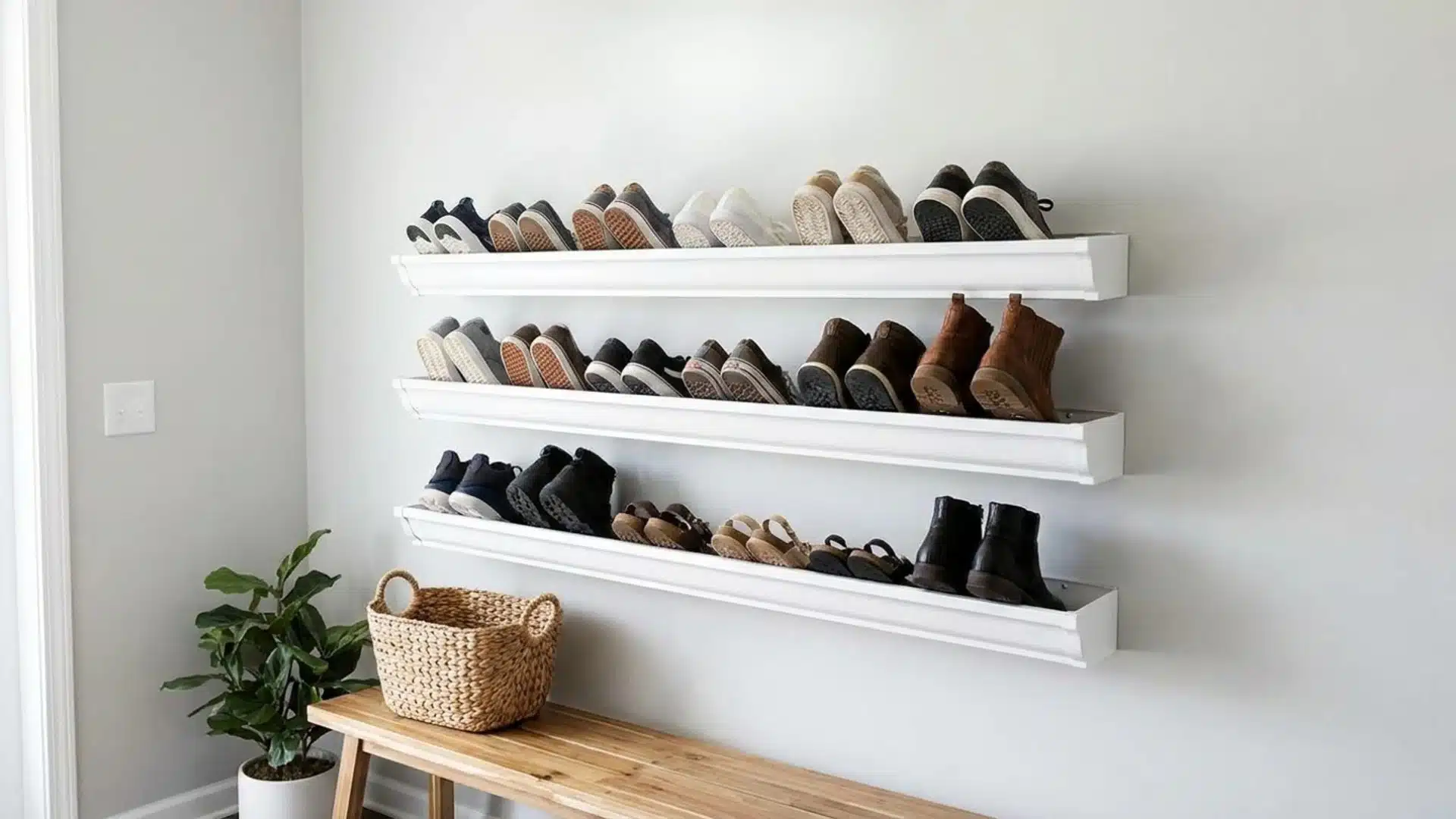 shoe rack with two shelves and a bench for seating, organized with various pairs of shoes neatly arranged on the shelves