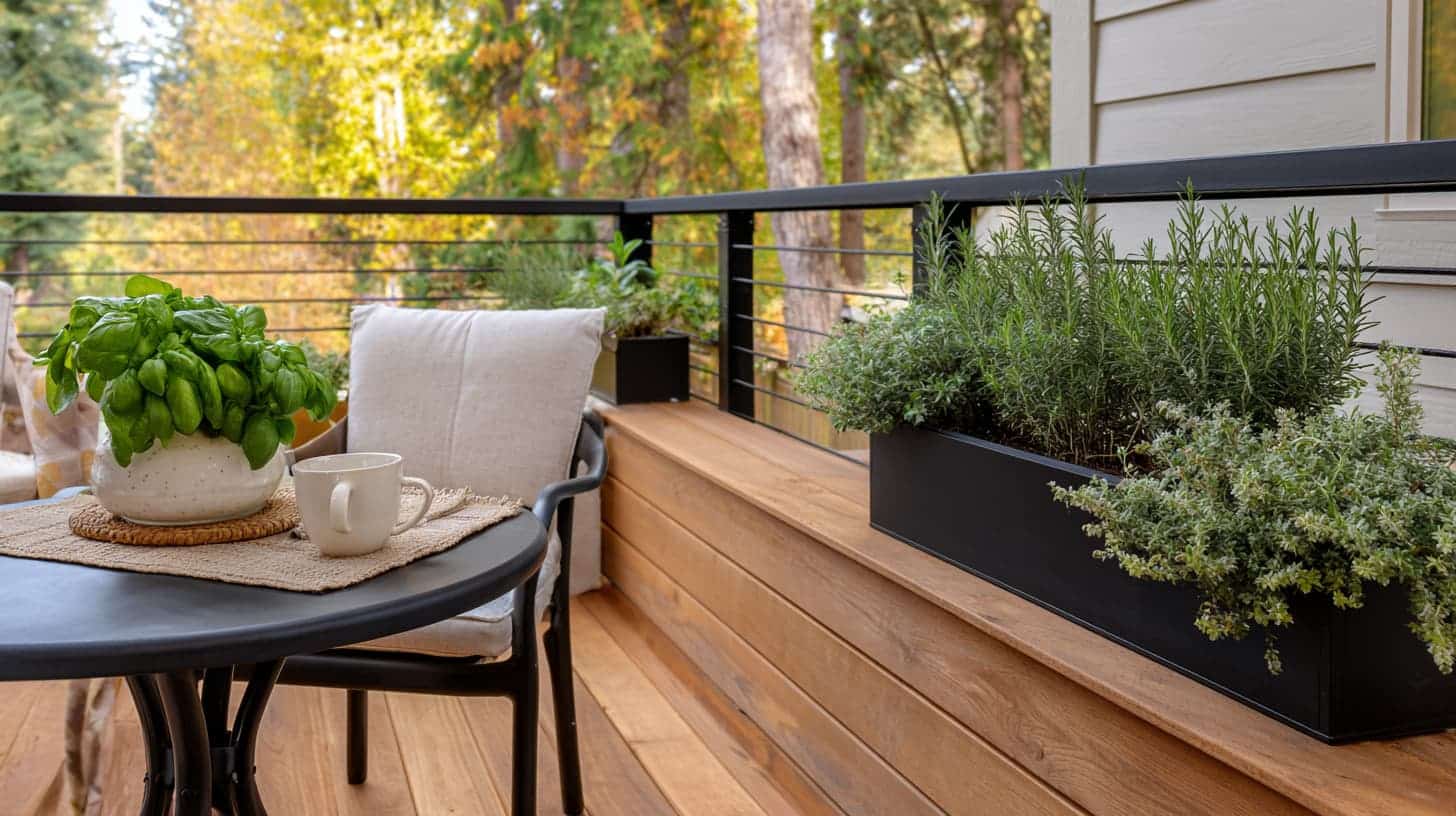 complete outdoor deck with railing herb window boxes bistro table and wood console against white wall