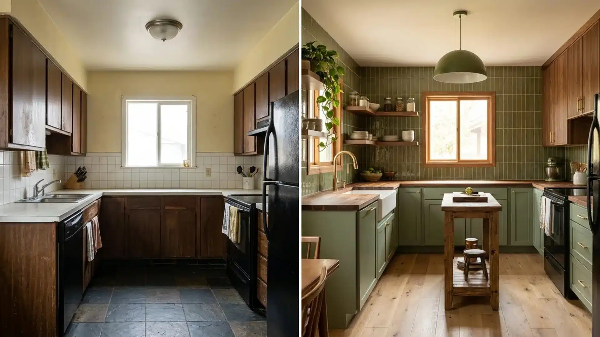 dated dark kitchen on the left beside a remodeled olive green kitchen with butcher block counters