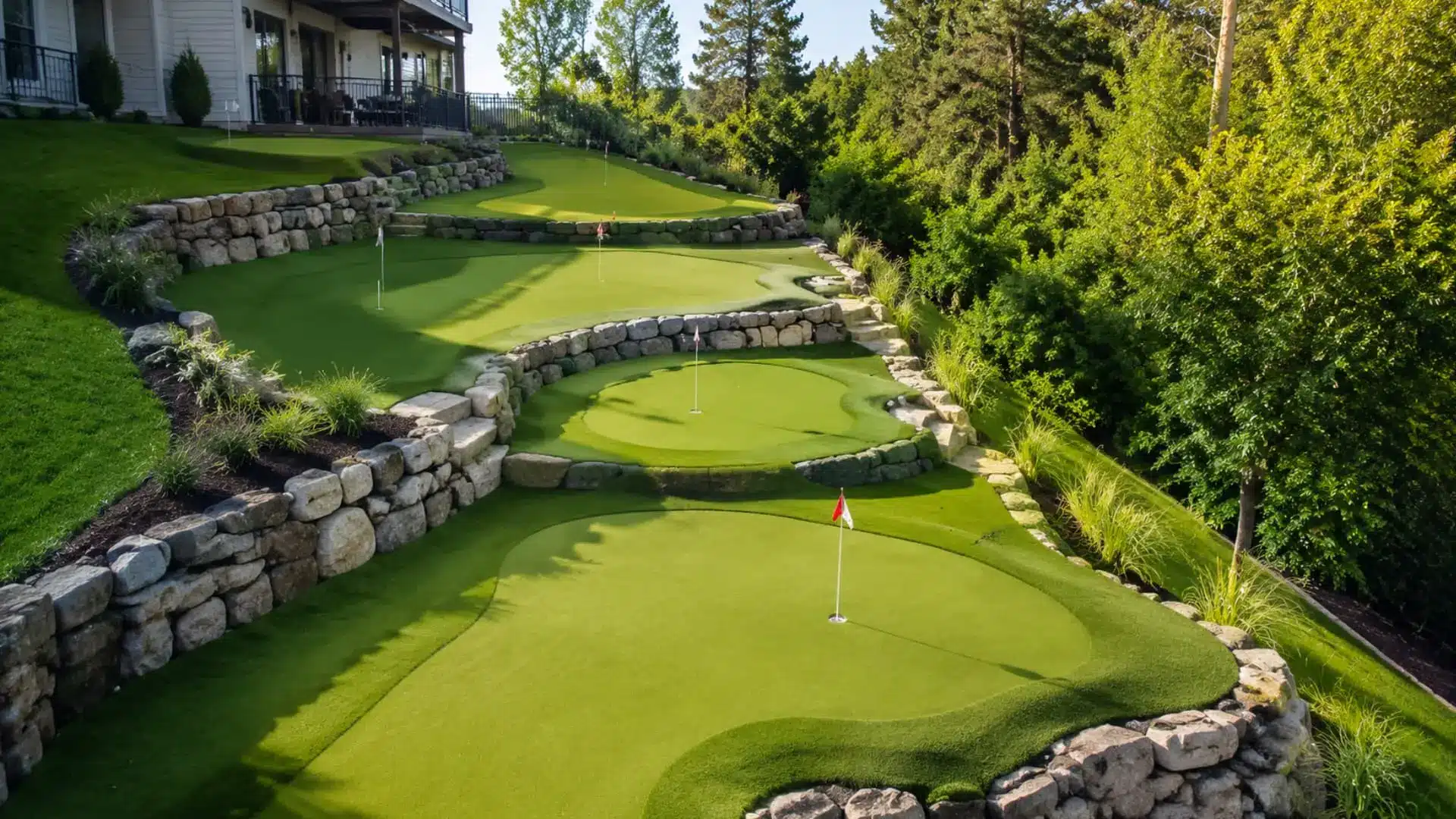 multi-level backyard putting green with stone retaining walls, red flag pins, and lush artificial turf