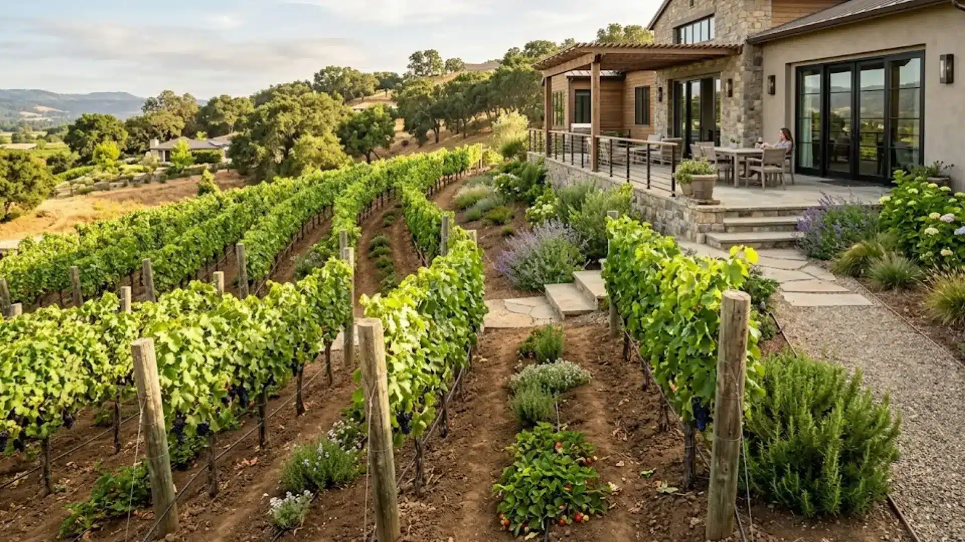hillside backyard vineyard with grapevine rows, herb garden, gravel path, and stone patio near a house