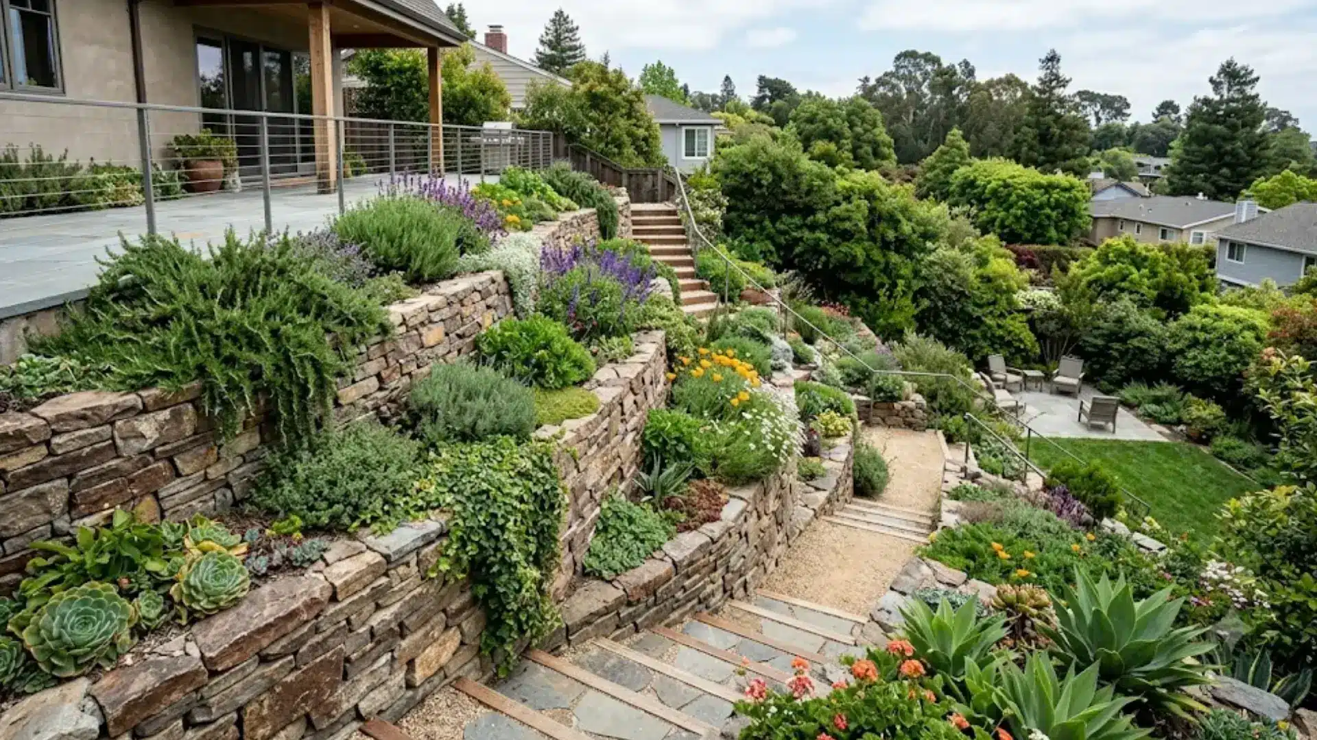  terraced hillside garden with stacked stone retaining walls, lavender, succulents, and stone stairway path