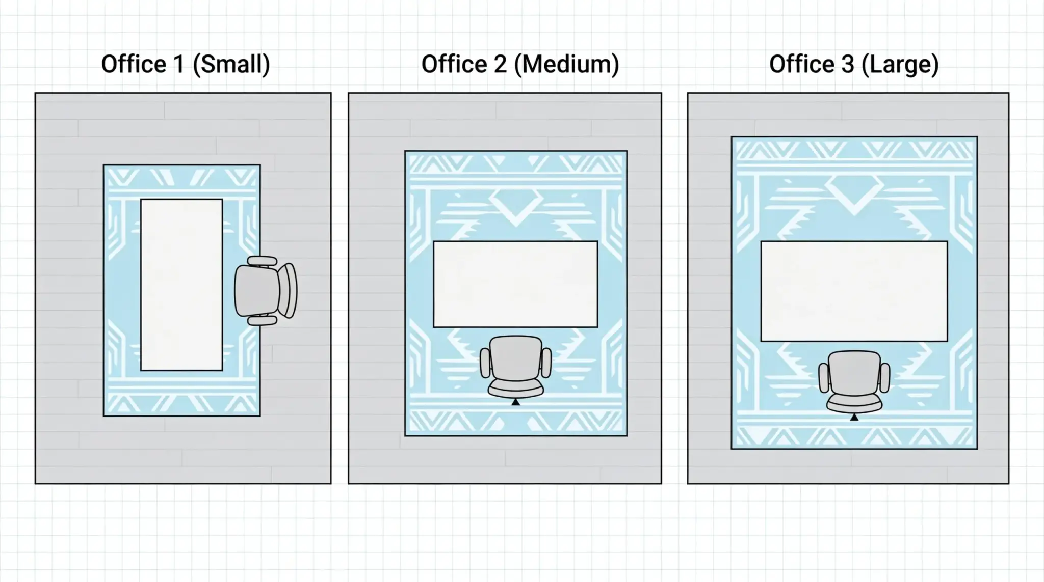 office spaces: one medium-sized office and one large office, showcasing different layouts and rug placement