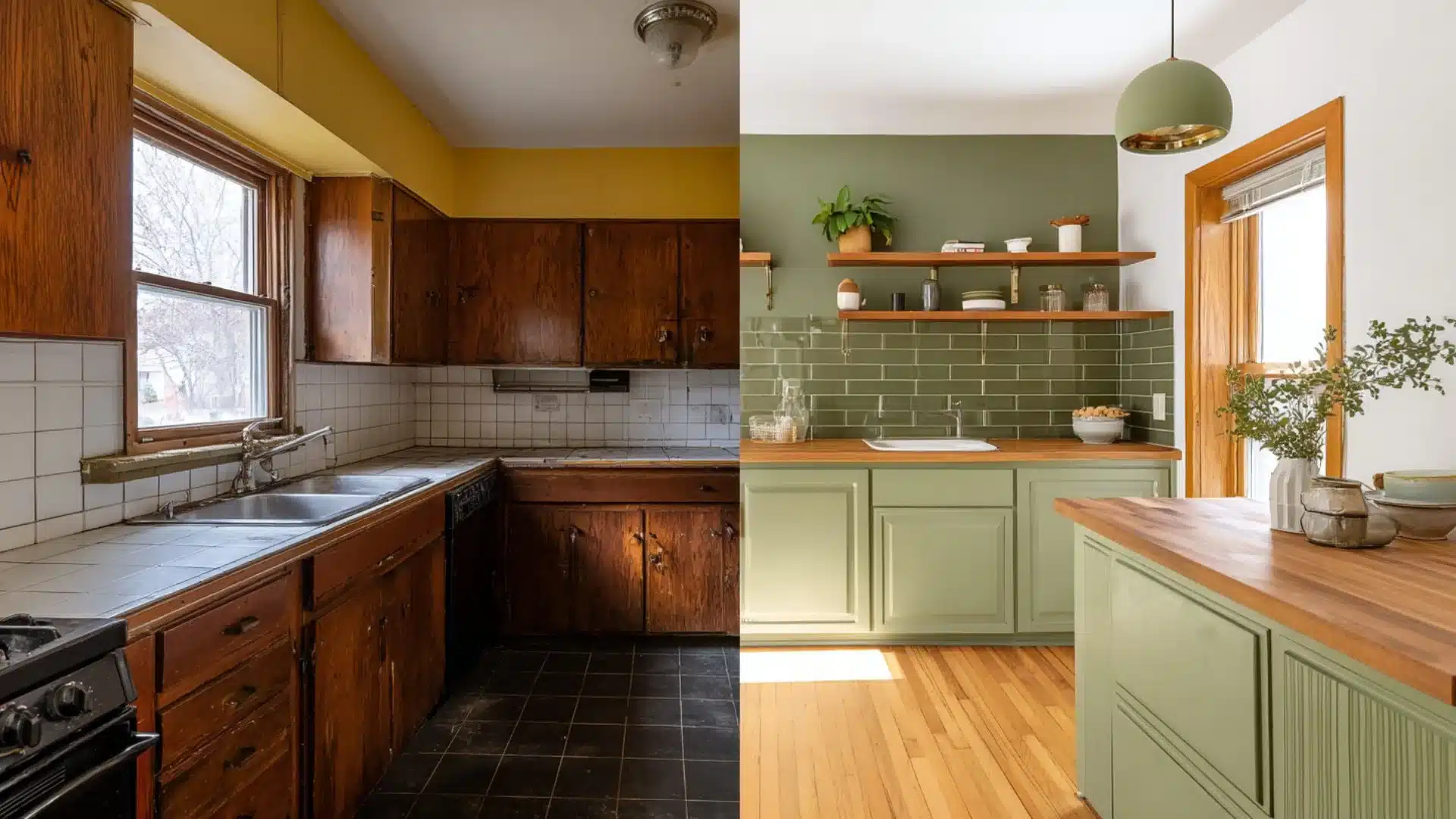 worn kitchen with old cabinets on the left beside a remodeled sage green kitchen on the right