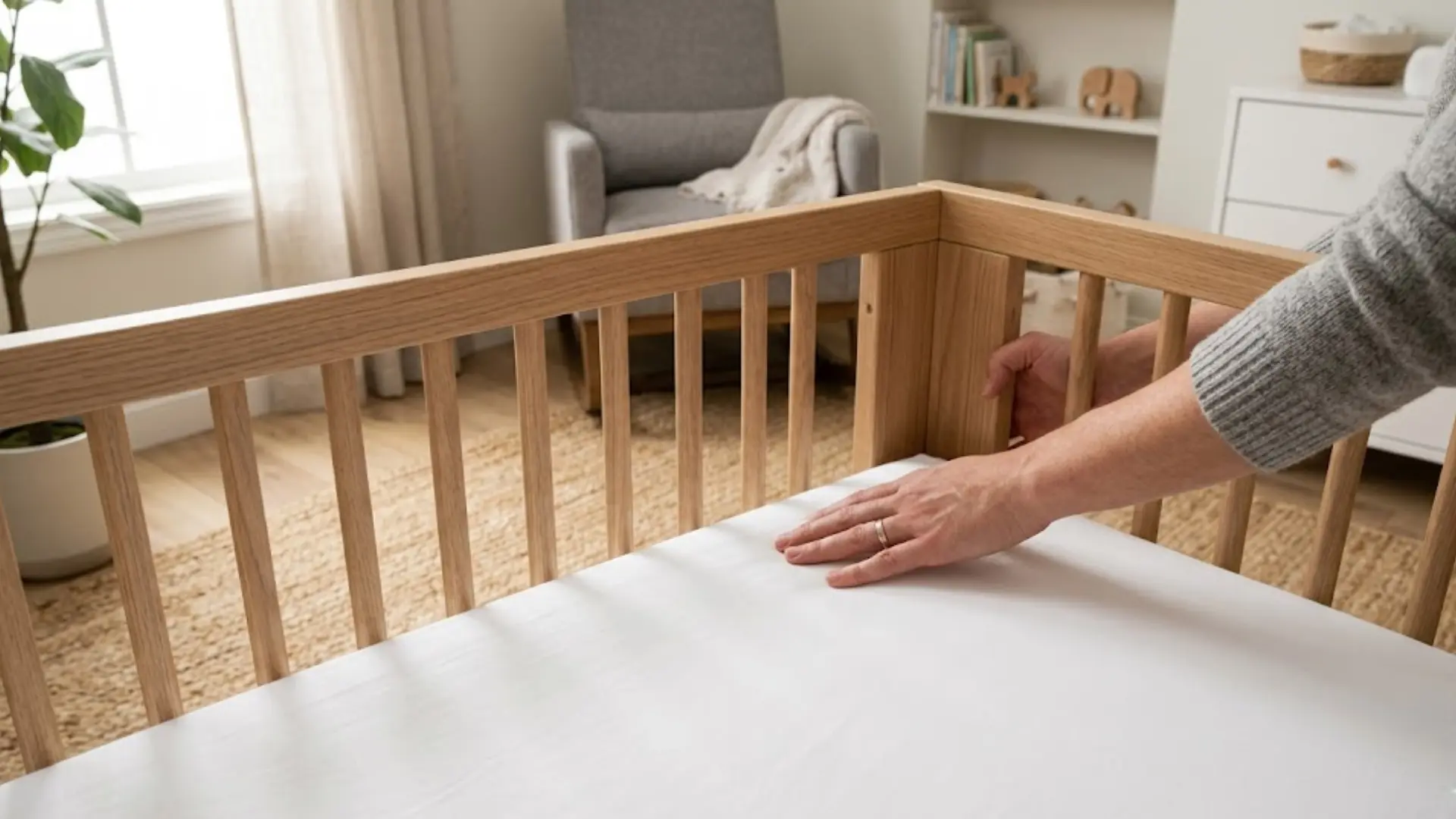 a person pressing down on a white crib mattress to check the fit against the wooden crib rails