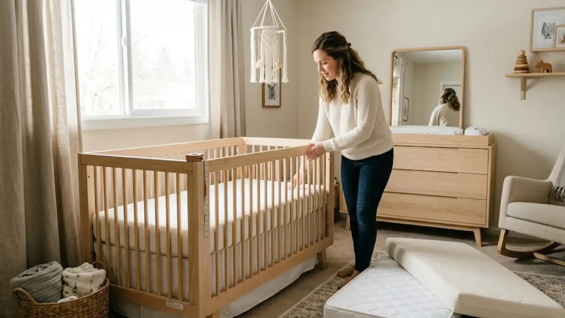 a woman placing a mattress into a wooden crib in a neutral nursery with a macrame mobile overhead