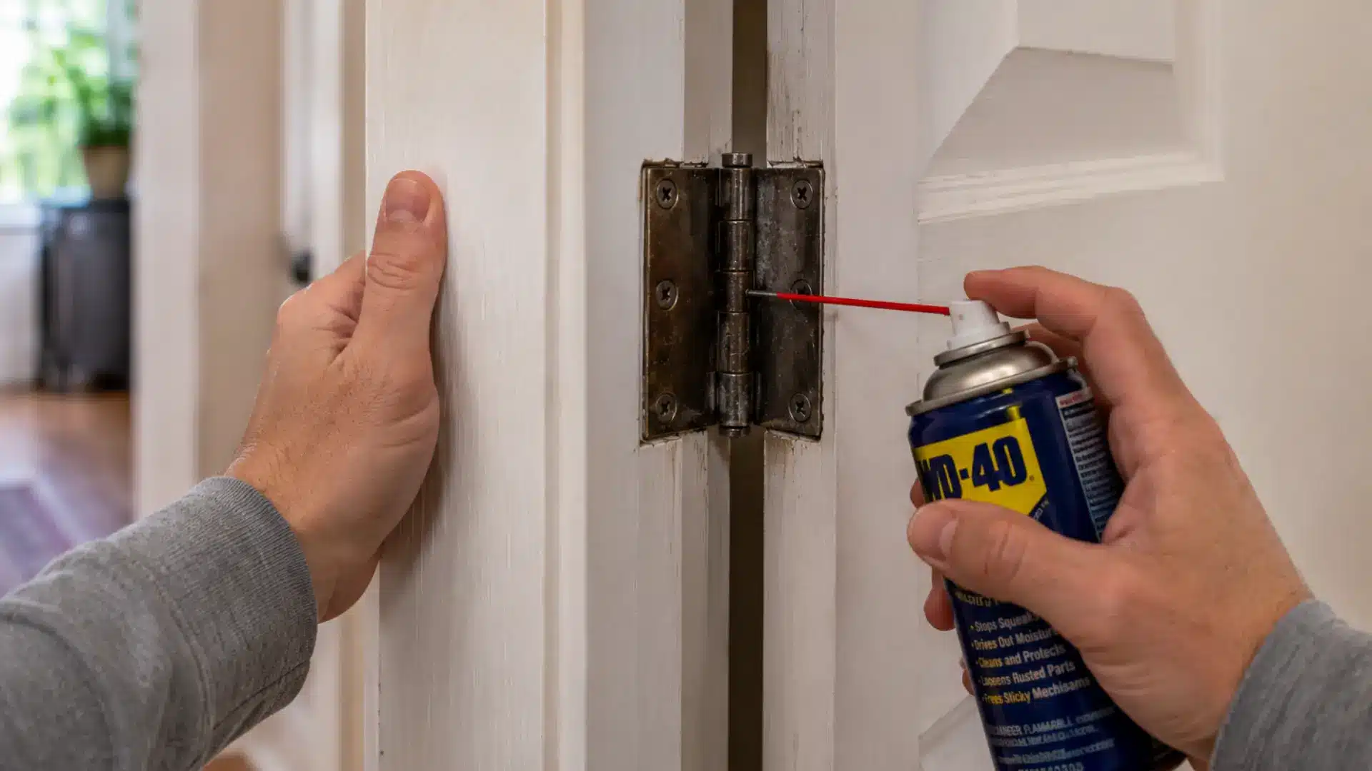 person applying lubricant to a metal door hinge on a partially open white door to stop squeaking