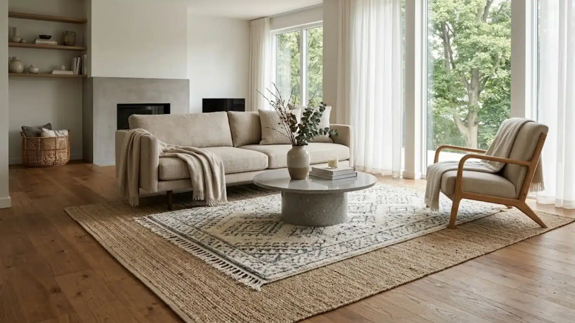 moroccan patterned rug layered over a jute base rug with a round stone coffee table and beige sofa