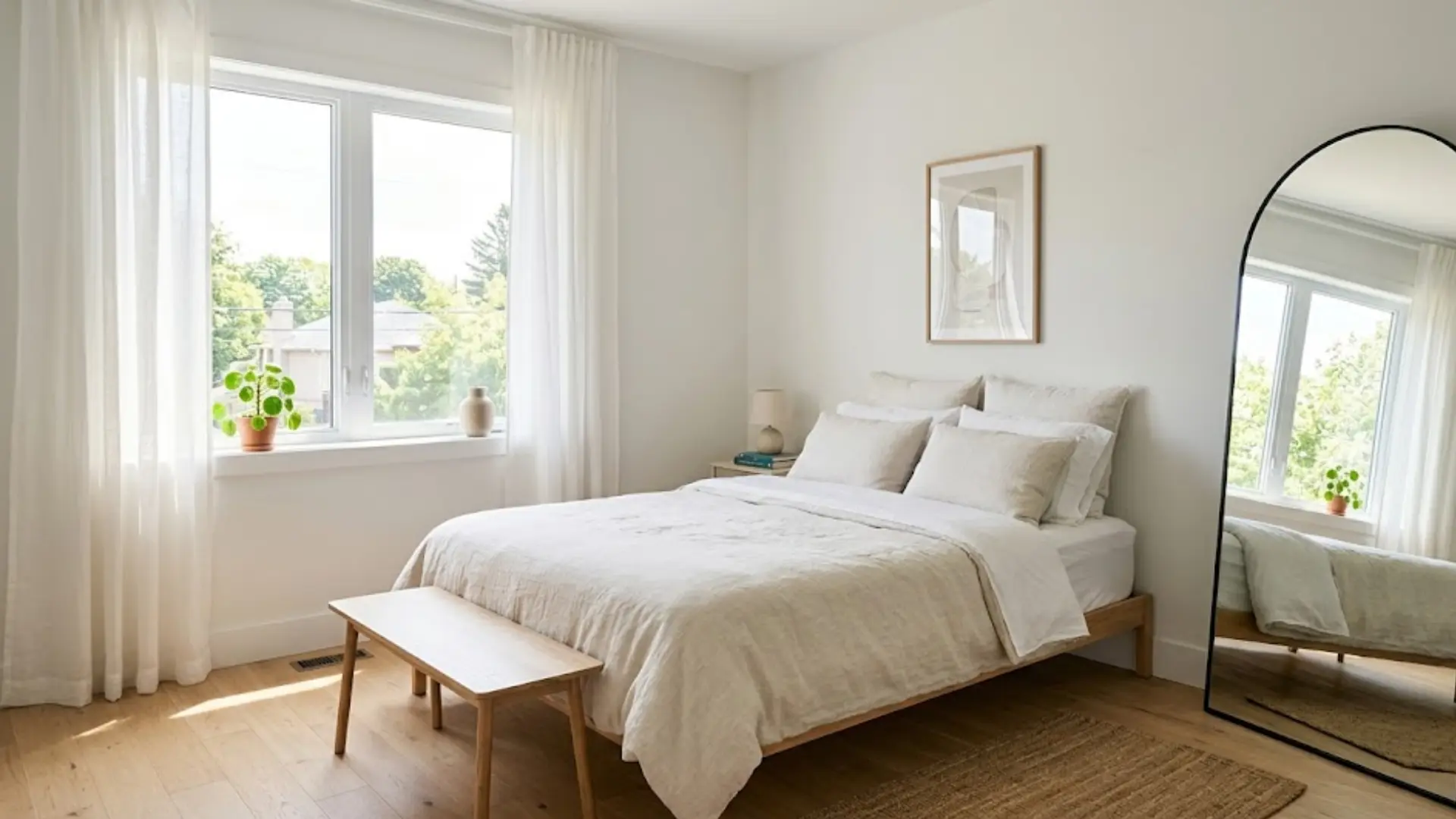 bright, small bedroom with a low-profile bed, light wood floors, and a large arched mirror reflecting light