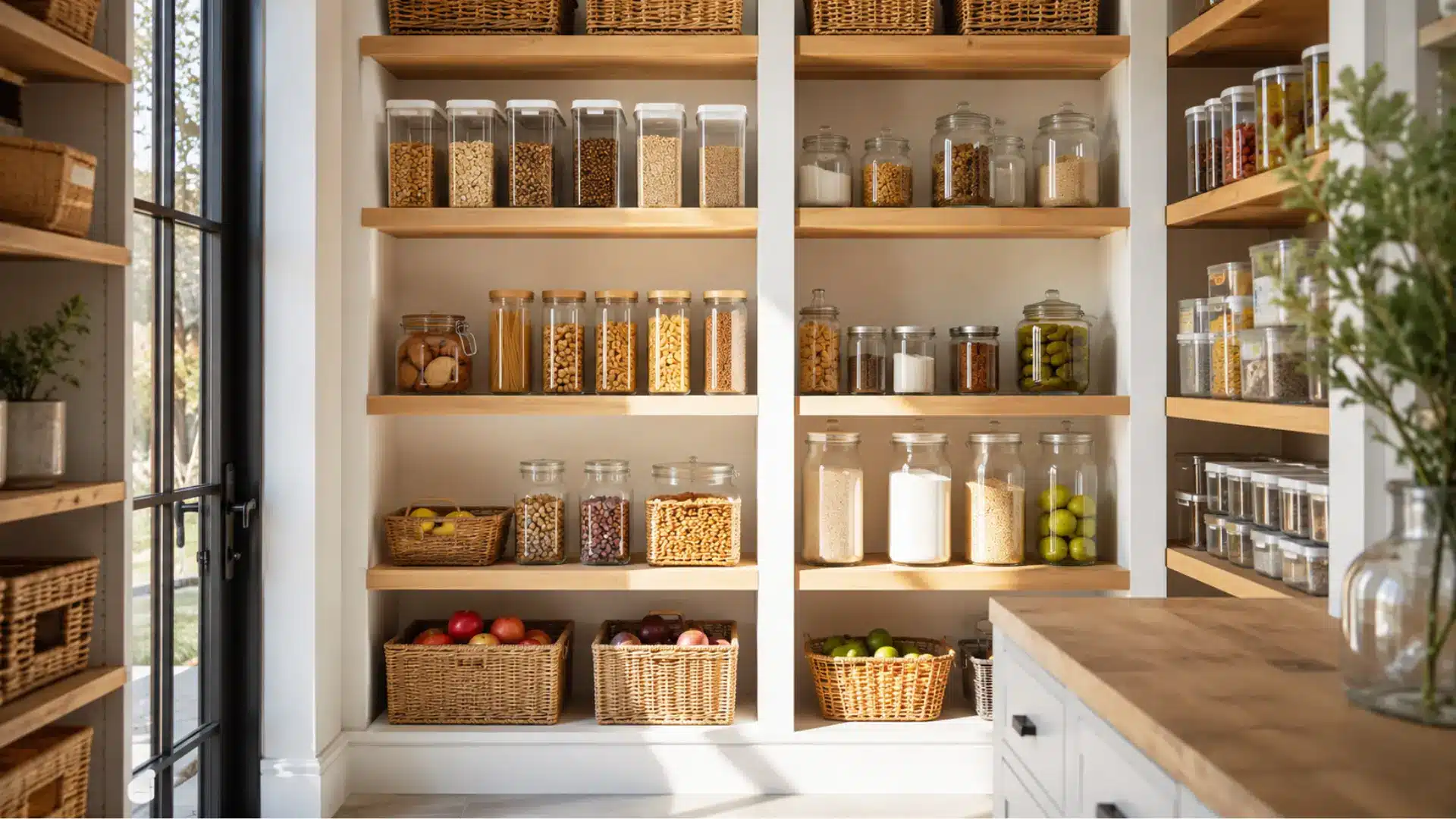 organised kitchen pantry with clear jars, airtight containers, and wicker baskets on open wooden shelves