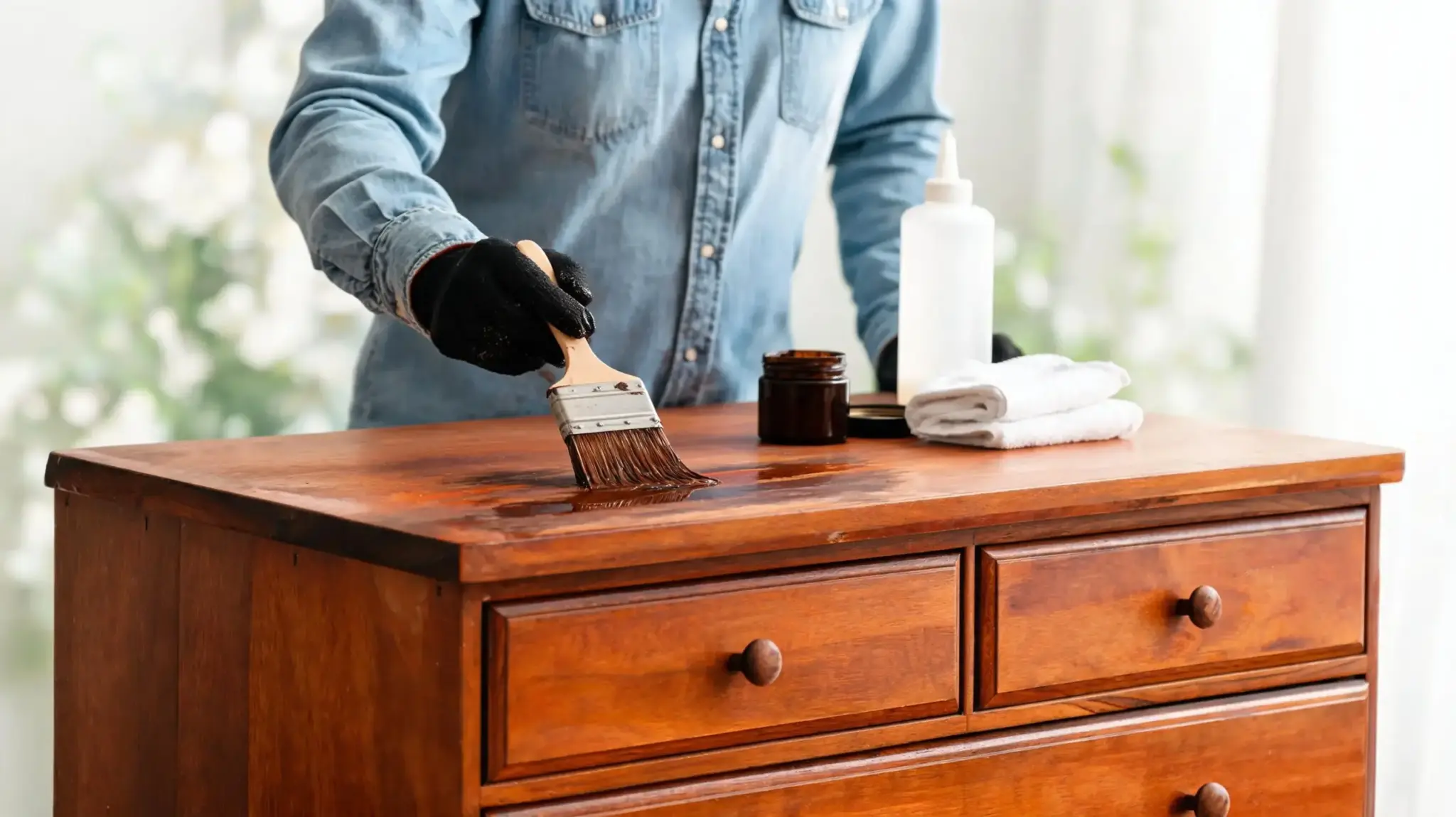 person in denim shirt and gloves applies wood stain to a wooden dresser with a paintbrush