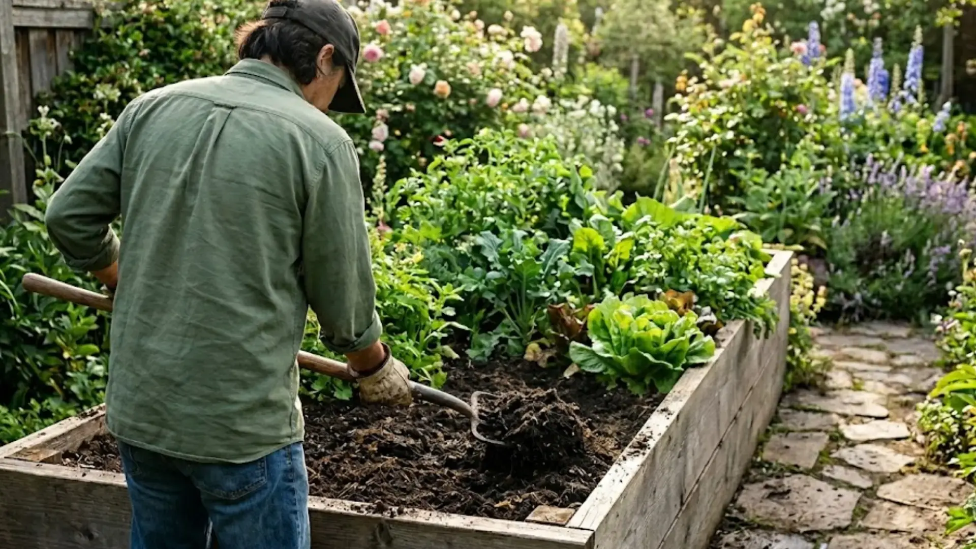 man in green shirt, wearing a cap, works with a shovel in a garden bed with plants, next to a stone path
