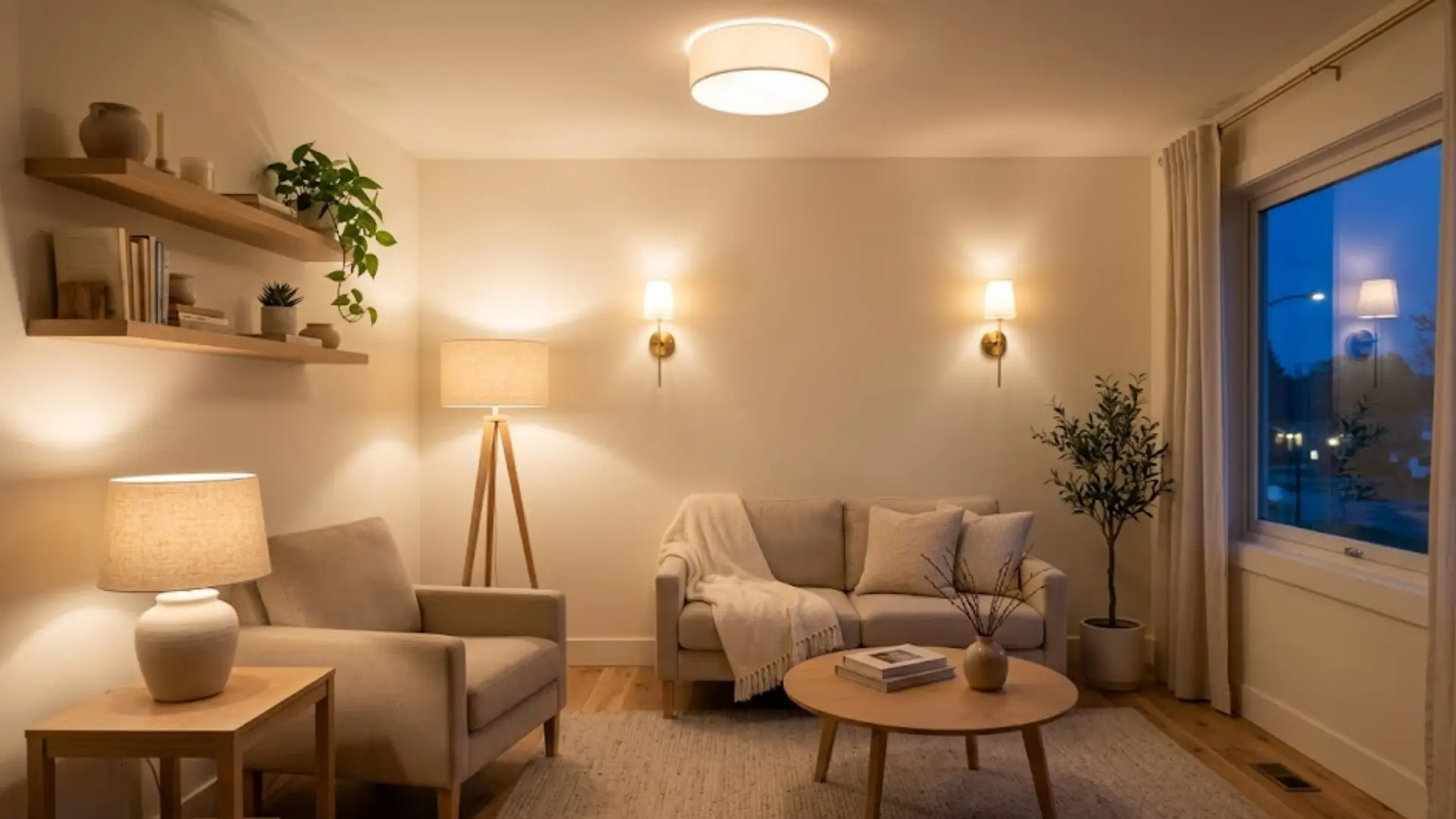cozy living room interior at dusk with multiple warm lamps, light wood furniture, and two soft chairs