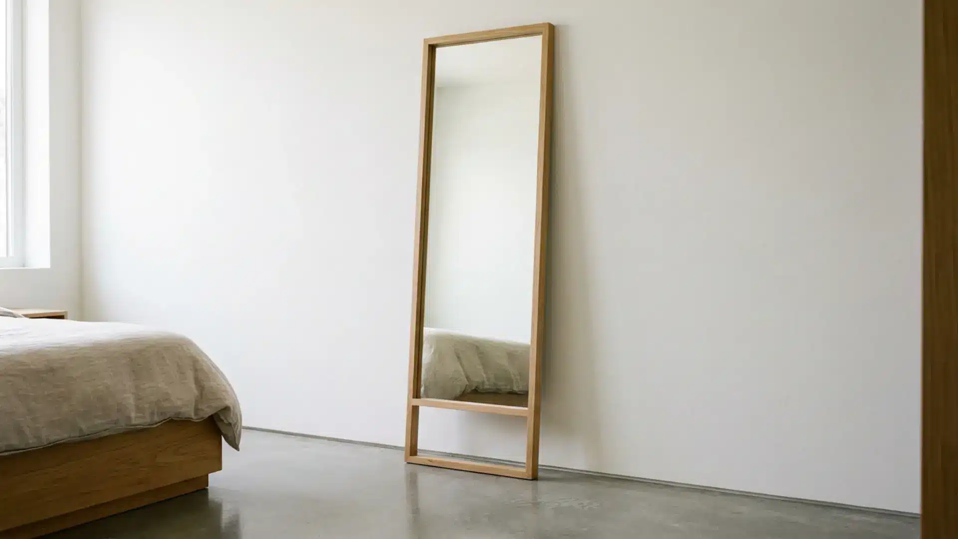 thin wood framed full-length mirror leaning against plain white wall in guest room