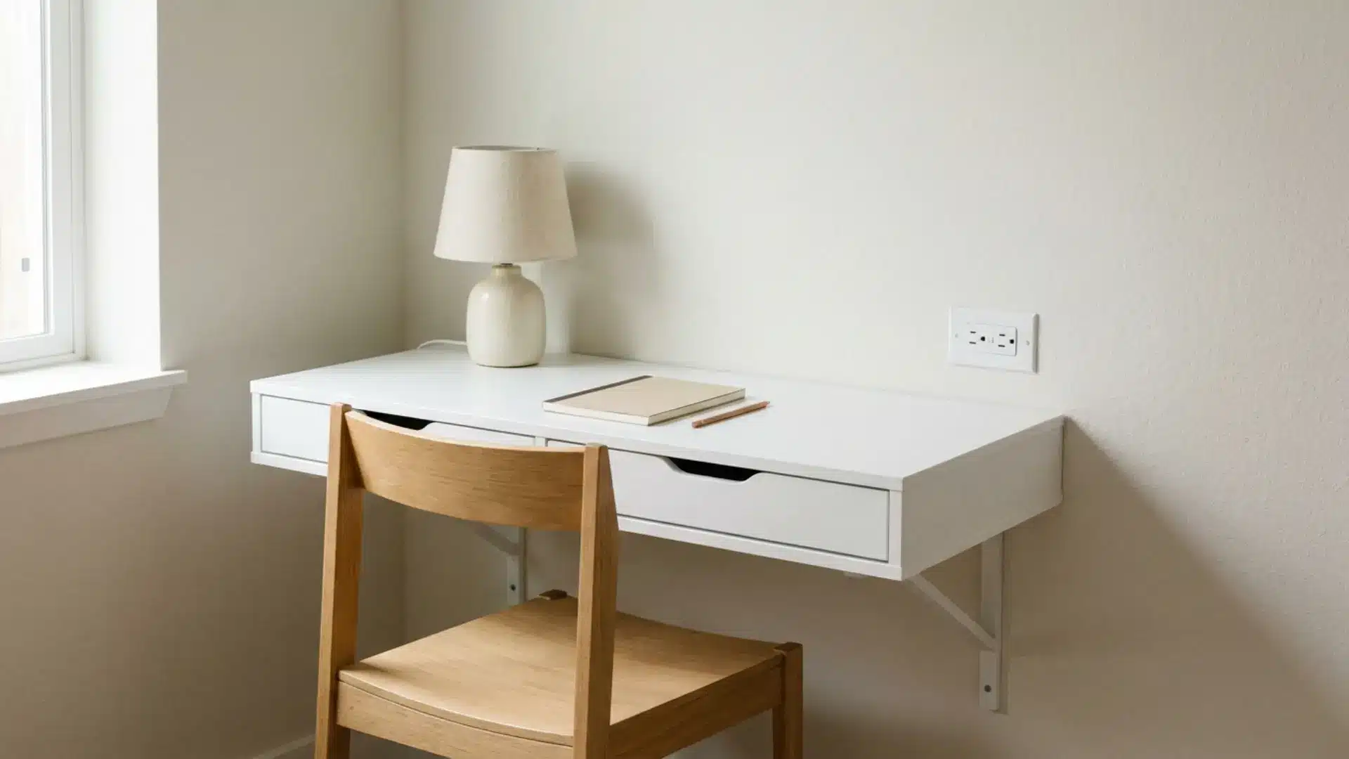 wall-mounted white desk with wooden chair, ceramic lamp, and notepad in small guest room