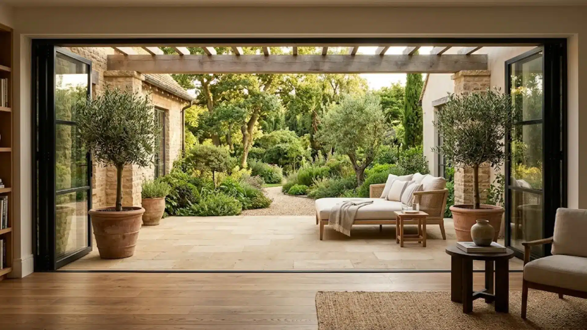 living room opening through retracted glass doors to a stone terrace with olive trees and linen daybed
