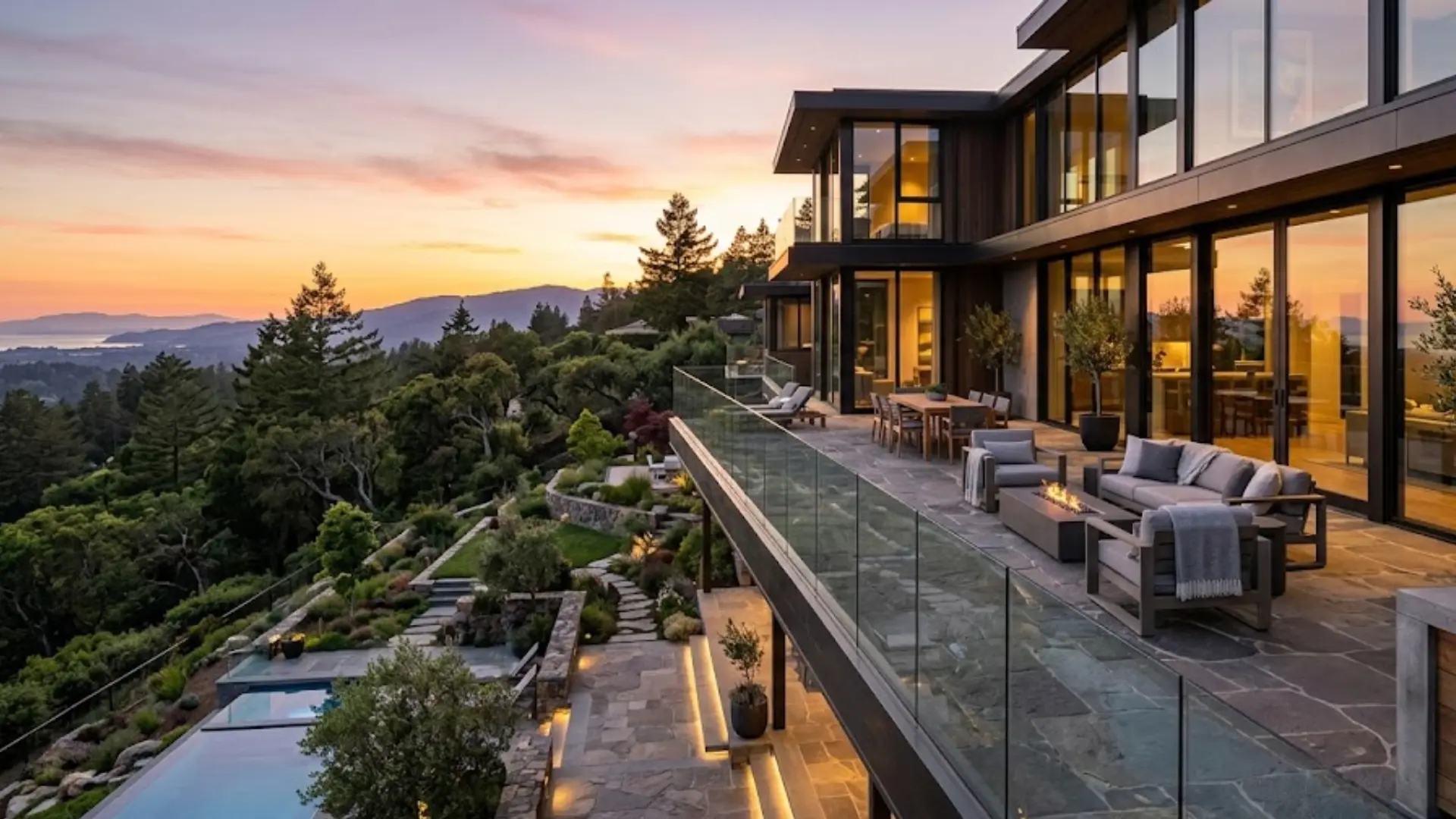 hillside patio with glass railing, outdoor sofa set, fire table, and infinity pool on a terraced slope