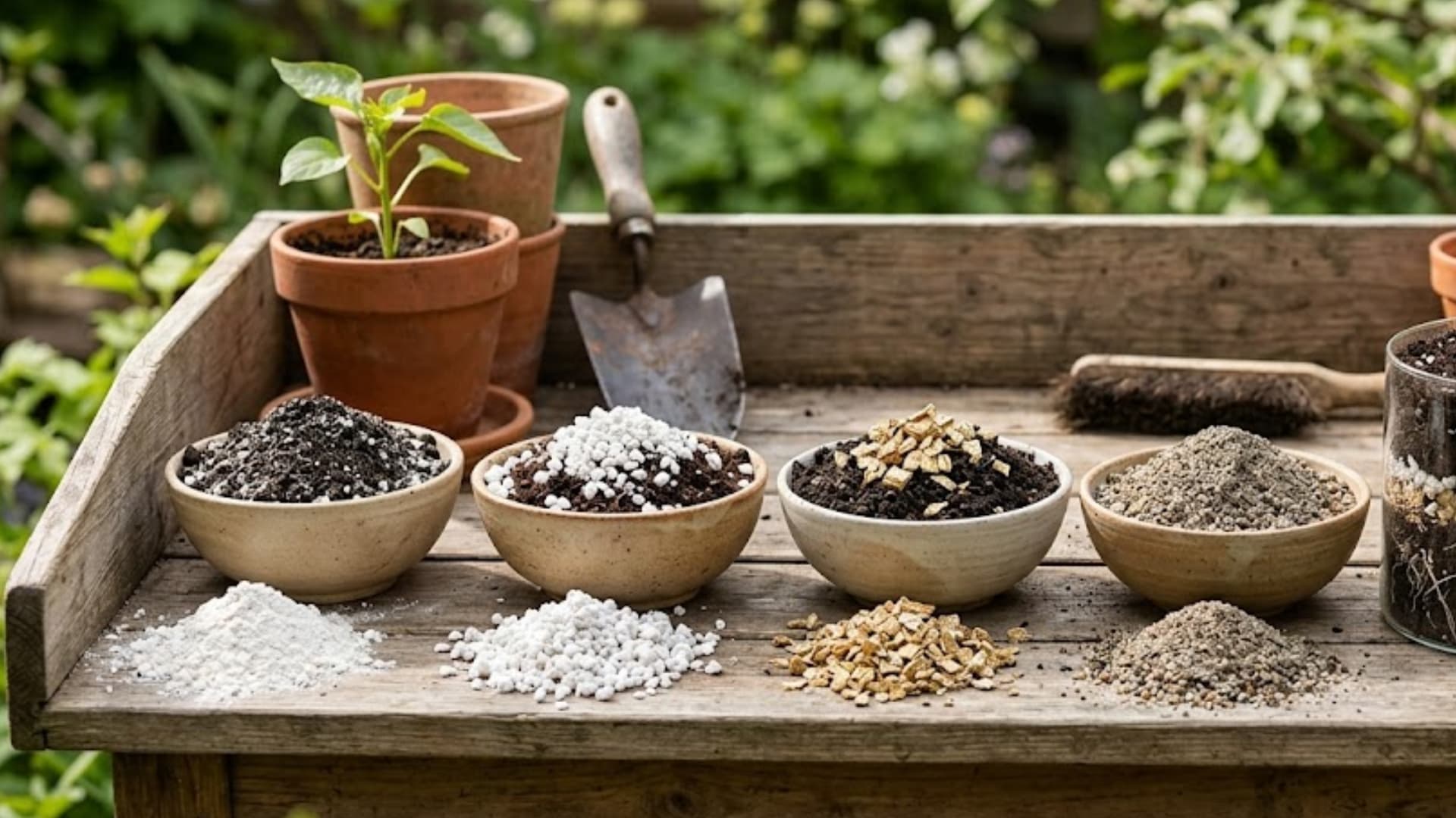 a selection of soil conditioners in bowls—gypsum, perlite, vermiculite, and sand; with a root-filled planter