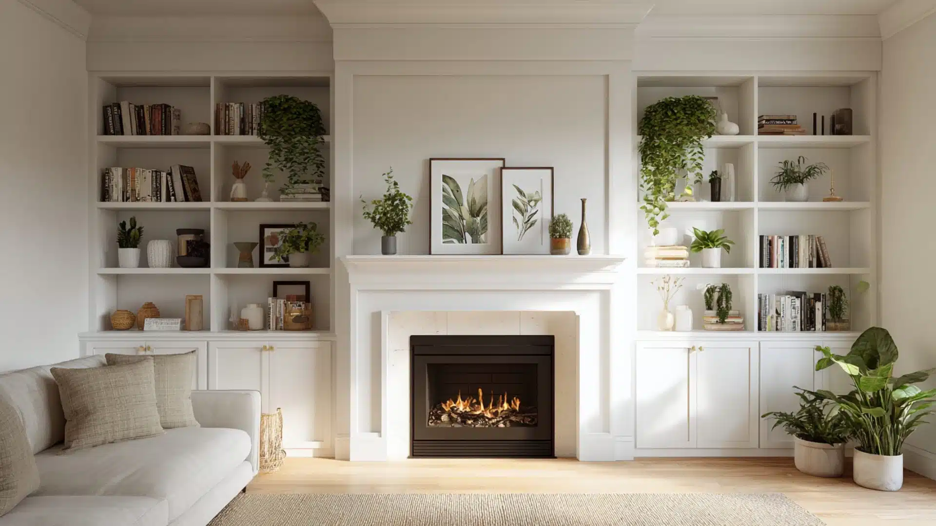 a cozy white living room featuring a fireplace and built-in bookshelves filled with books and decorative items