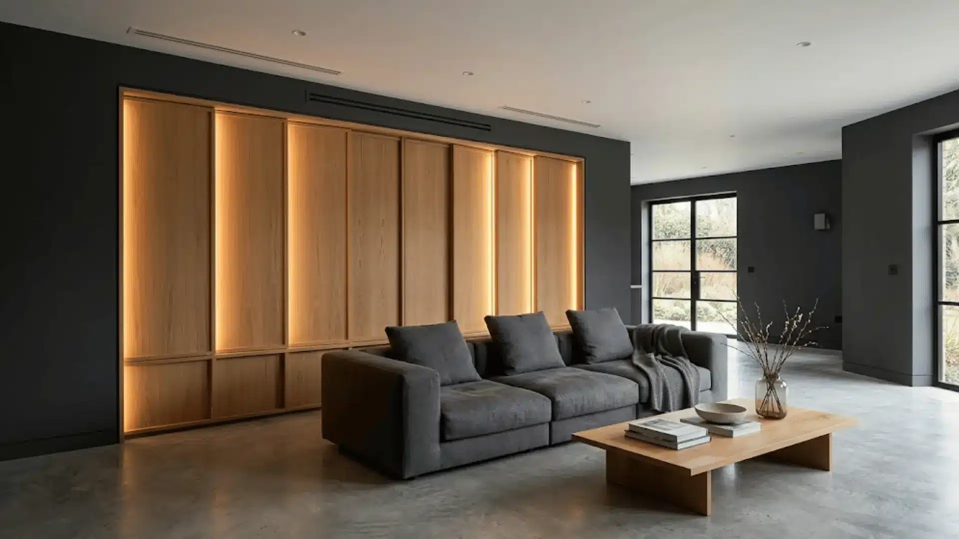 built-in led integrated wall panels with warm ambient glow in a charcoal living room