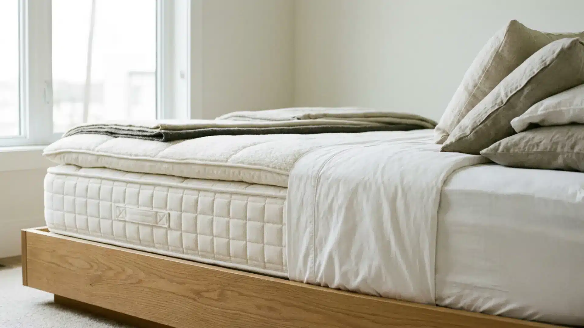 close-up of plush white mattress topper tucked under crisp fitted sheet on guest bed