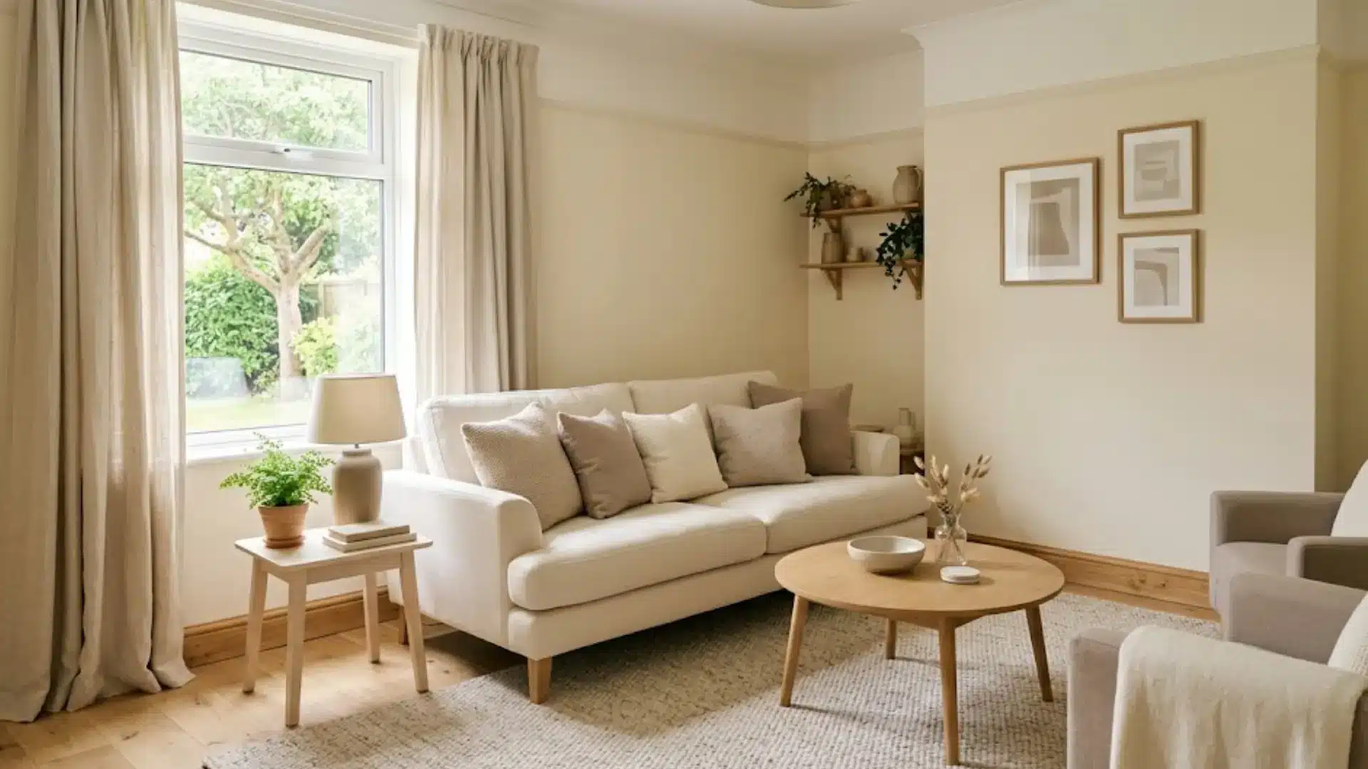 bright room with cream sofa, textured cushions, wooden coffee table, beige chairs, and linen drapes