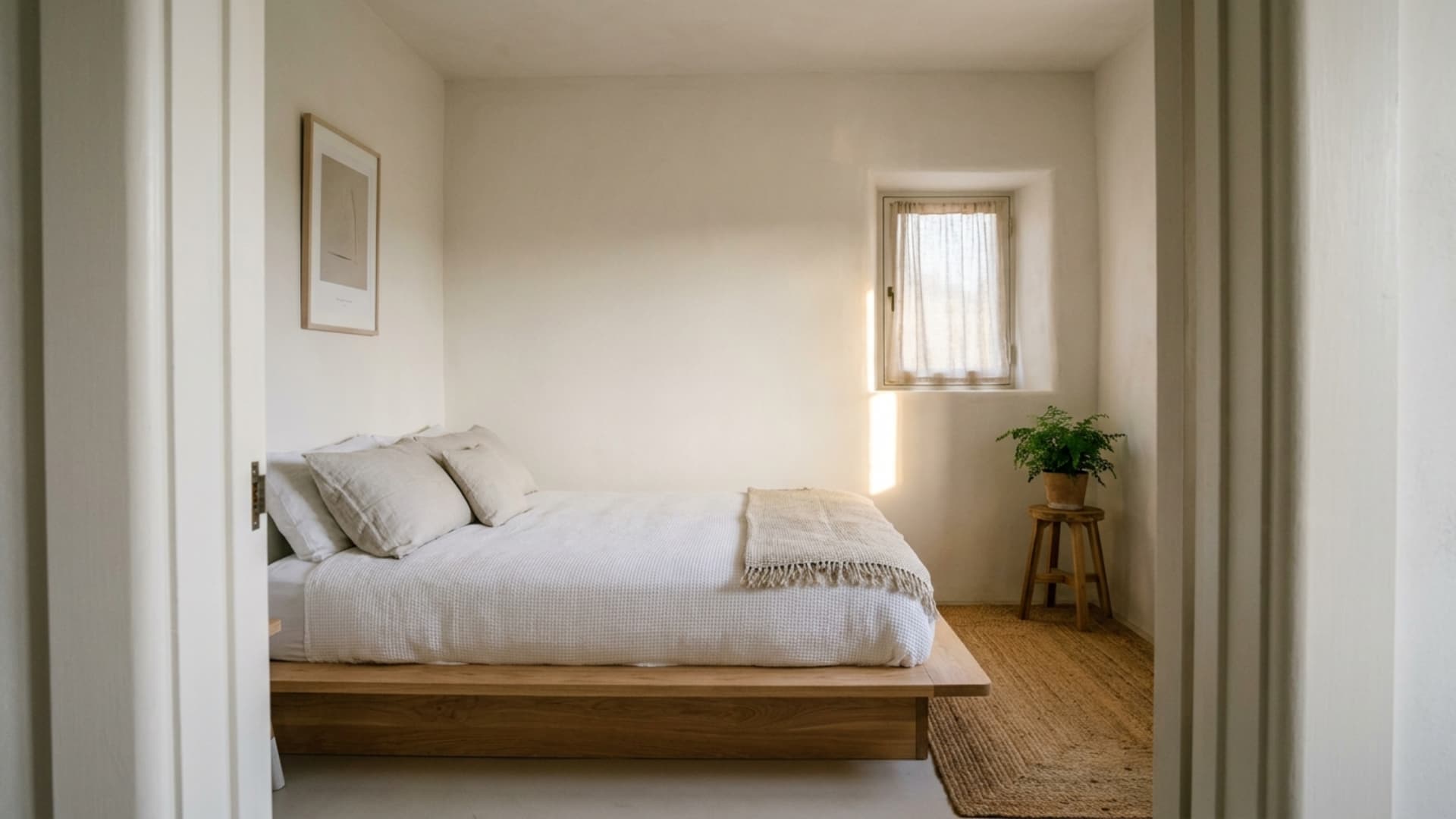 small guest room with soft warm white walls, low wood bed, and single narrow window