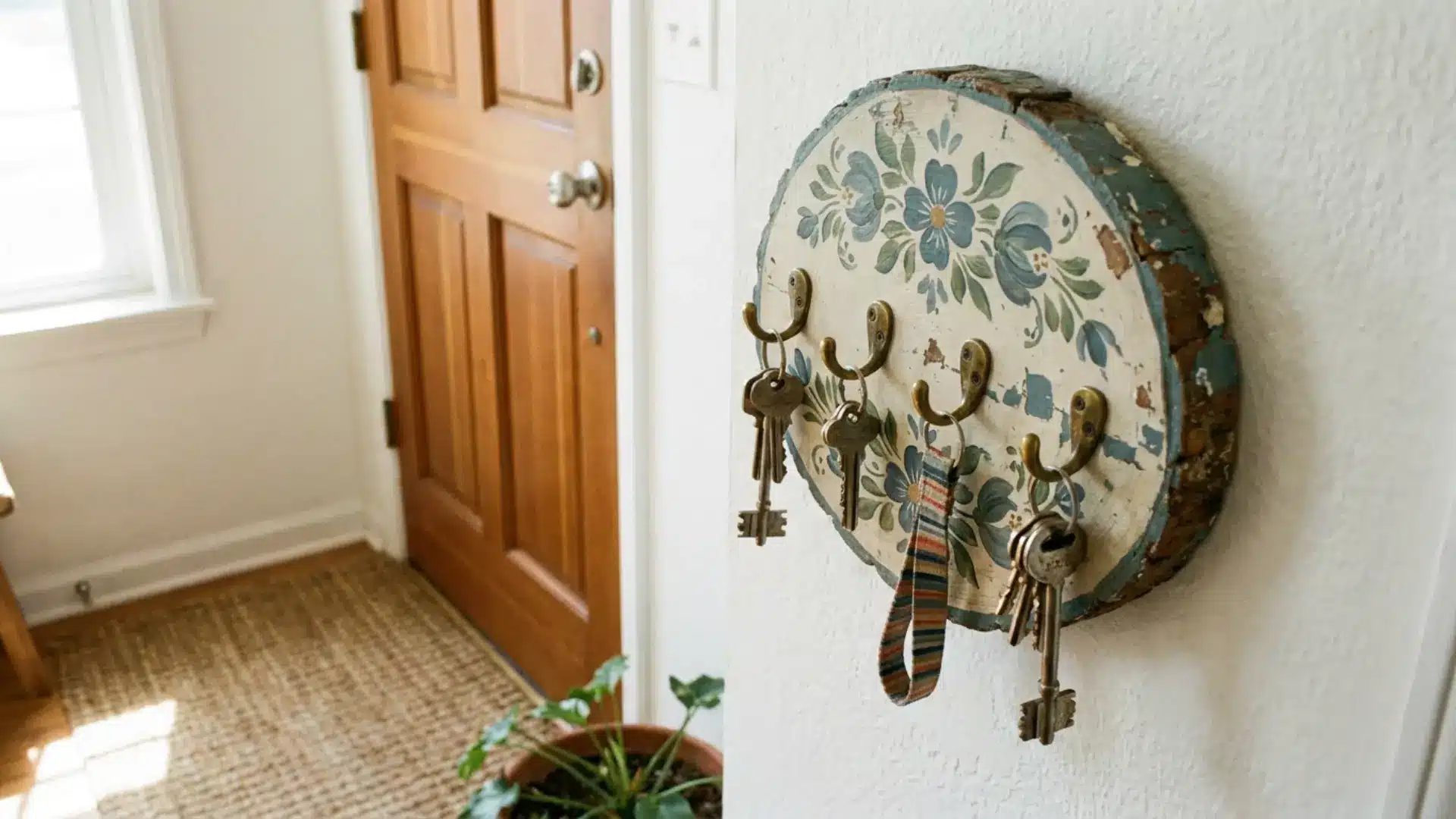 decorative key holder with painted wood backing and metal hooks near front door