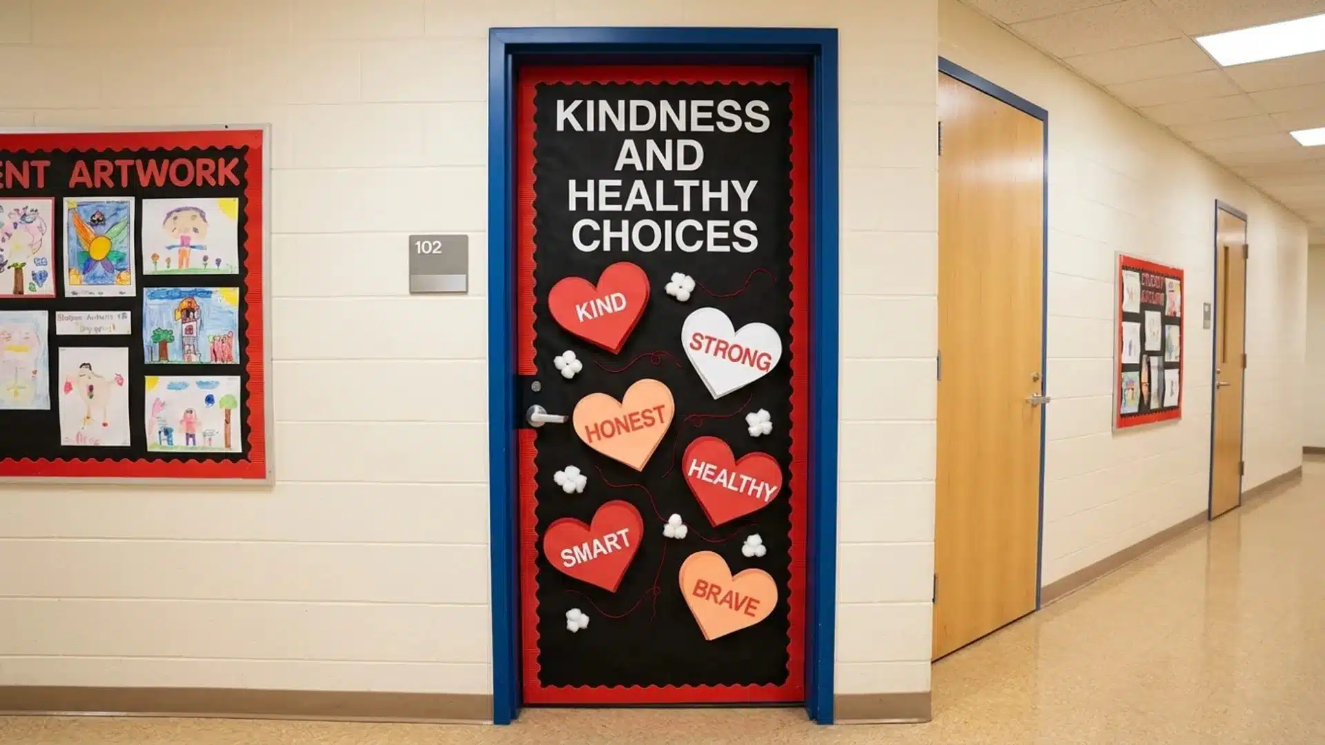 door of a classroom displaying a sign that promotes kindness and healthy choices for students