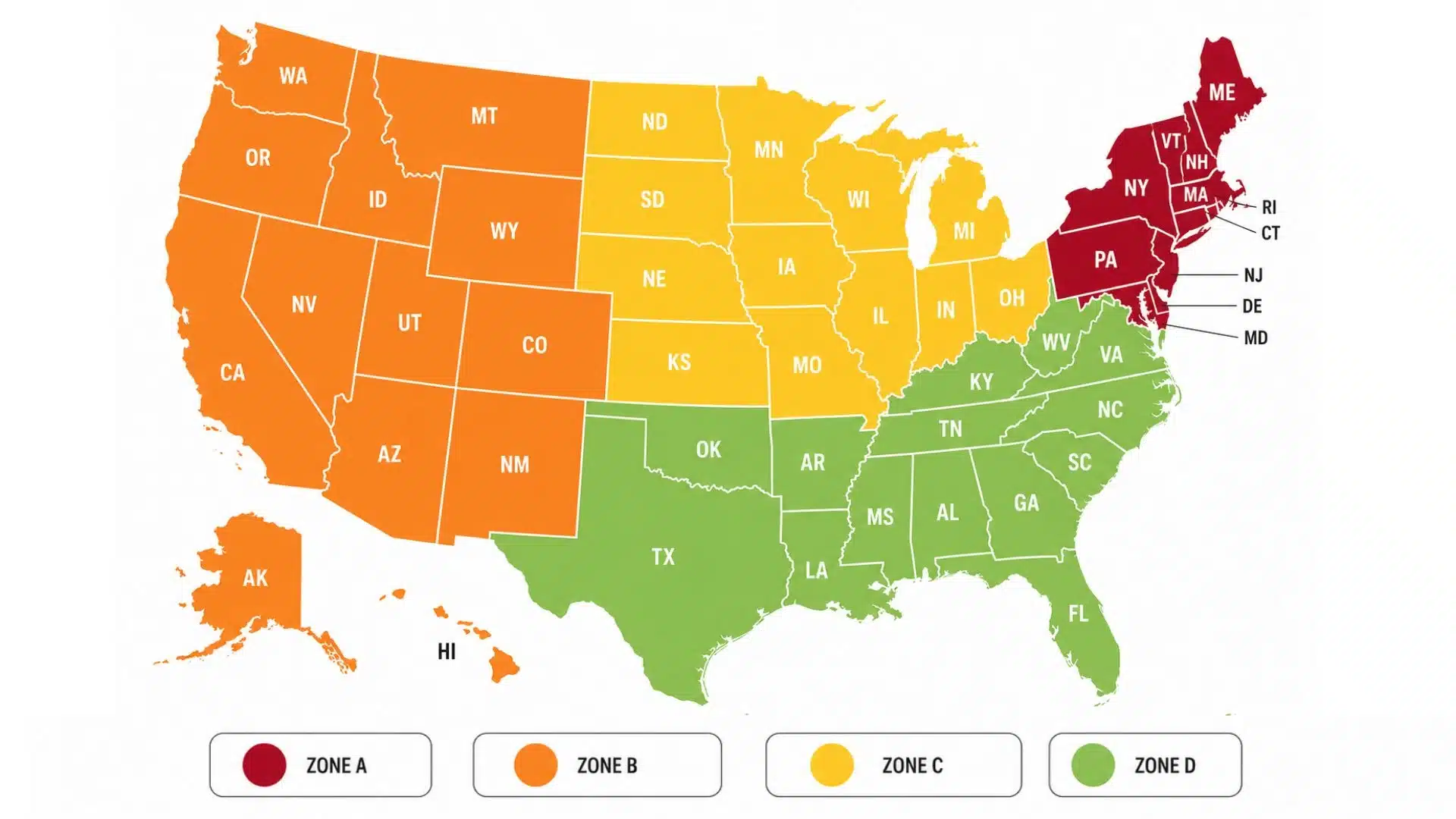 color coded us map showing kitchen remodel cost zones by state from highest to lowest pricing regions