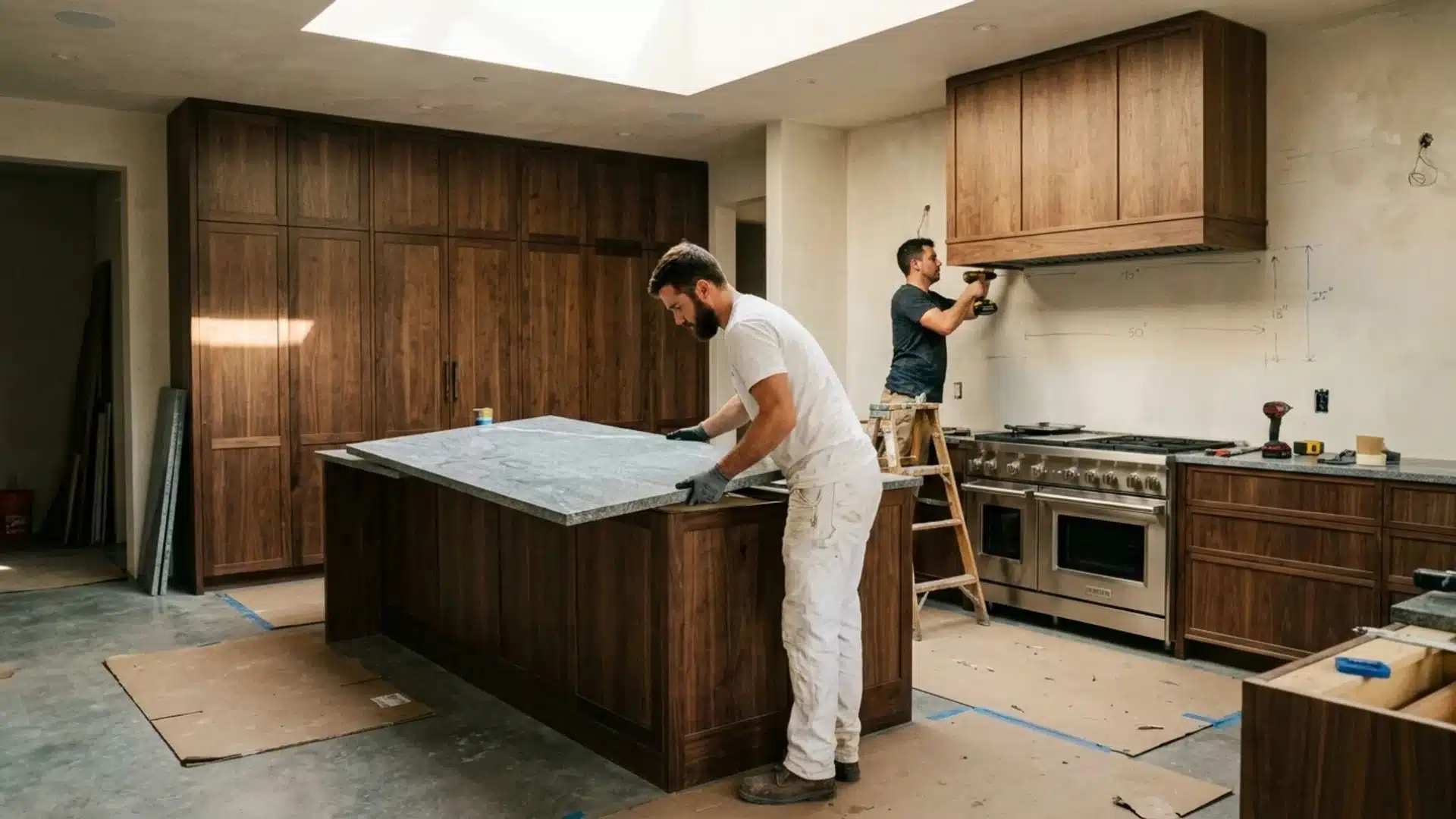 two contractors installing dark walnut cabinets and placing a stone countertop on a large kitchen island during a high-end remodel