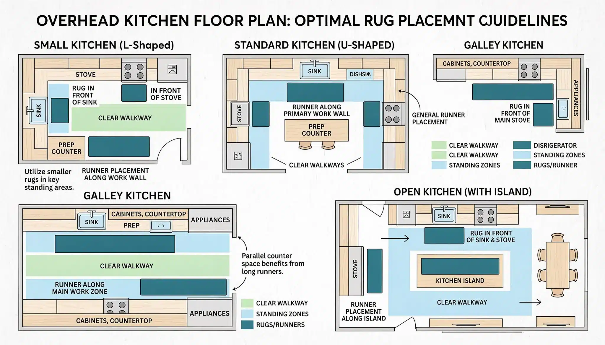 diagram displaying the arrangement of kitchen and rug placement