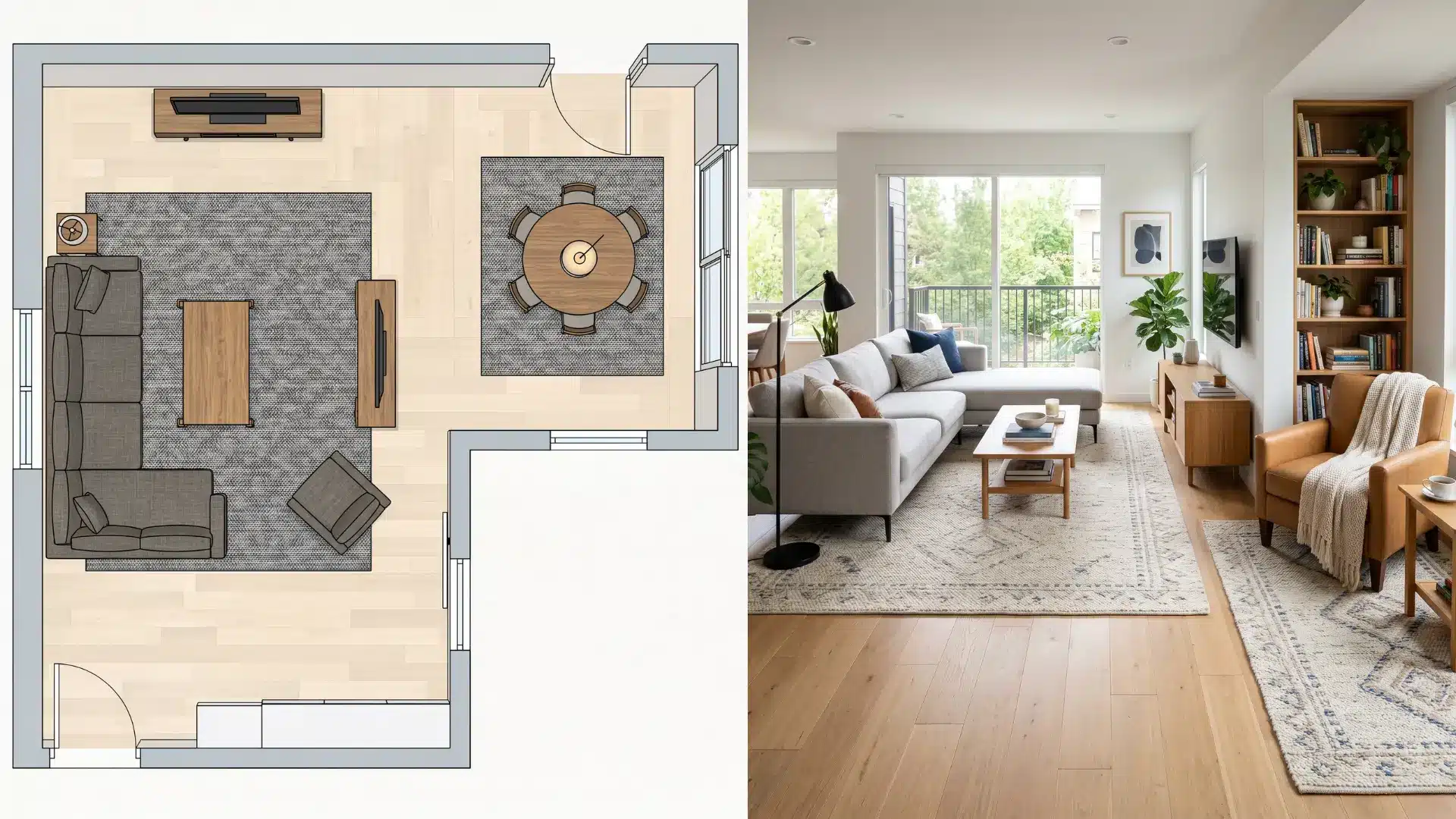 an interior view of a living and dining room showcasing modern furniture arrangements and stylish decor