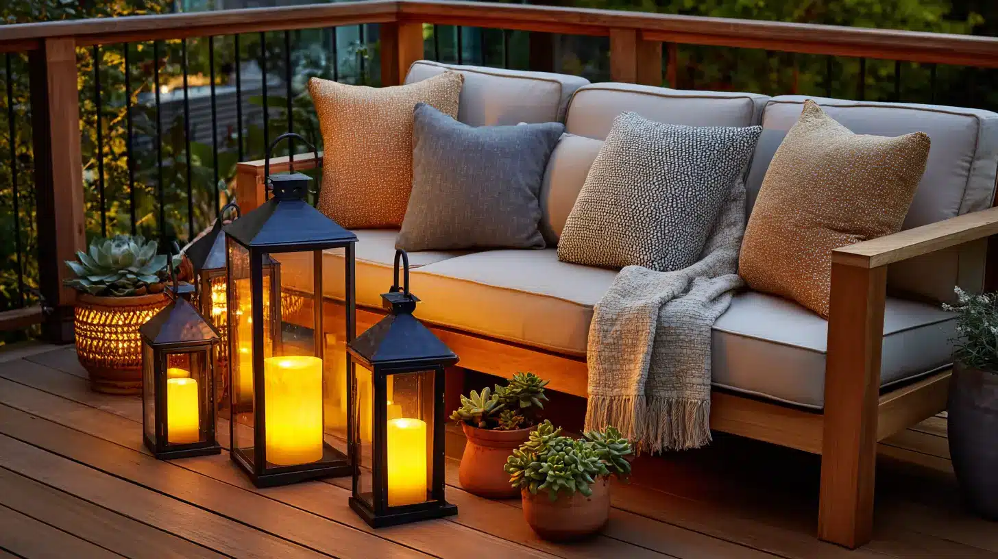 glowing lanterns clustered on deck floor beside sofa with sage green pillows at dusk