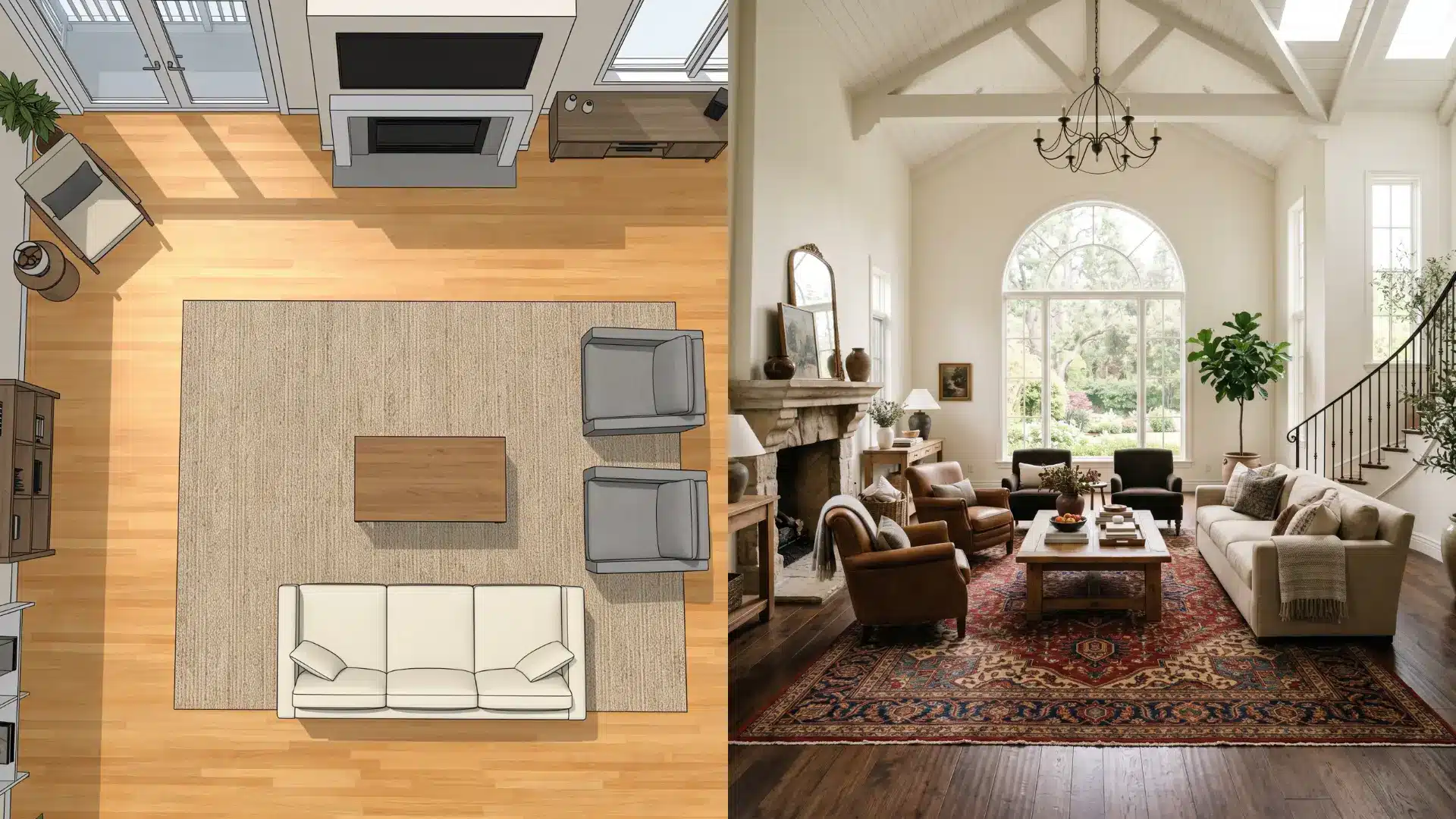 a spacious living and dining room featuring modern furniture, a large window, and decorative elements for a cozy atmosphere