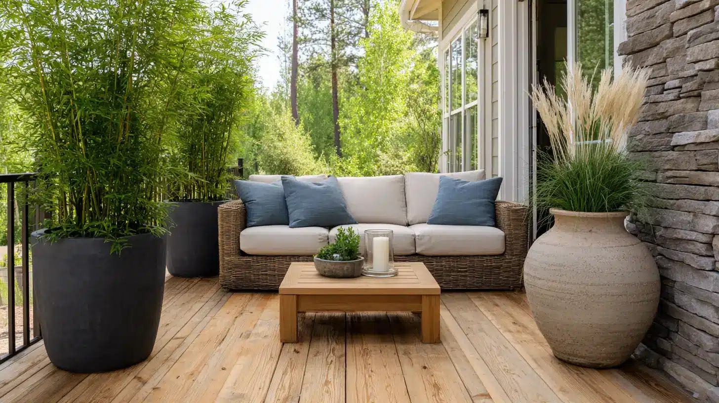 large bamboo and ornamental grass planters forming a natural privacy screen on a complete outdoor deck