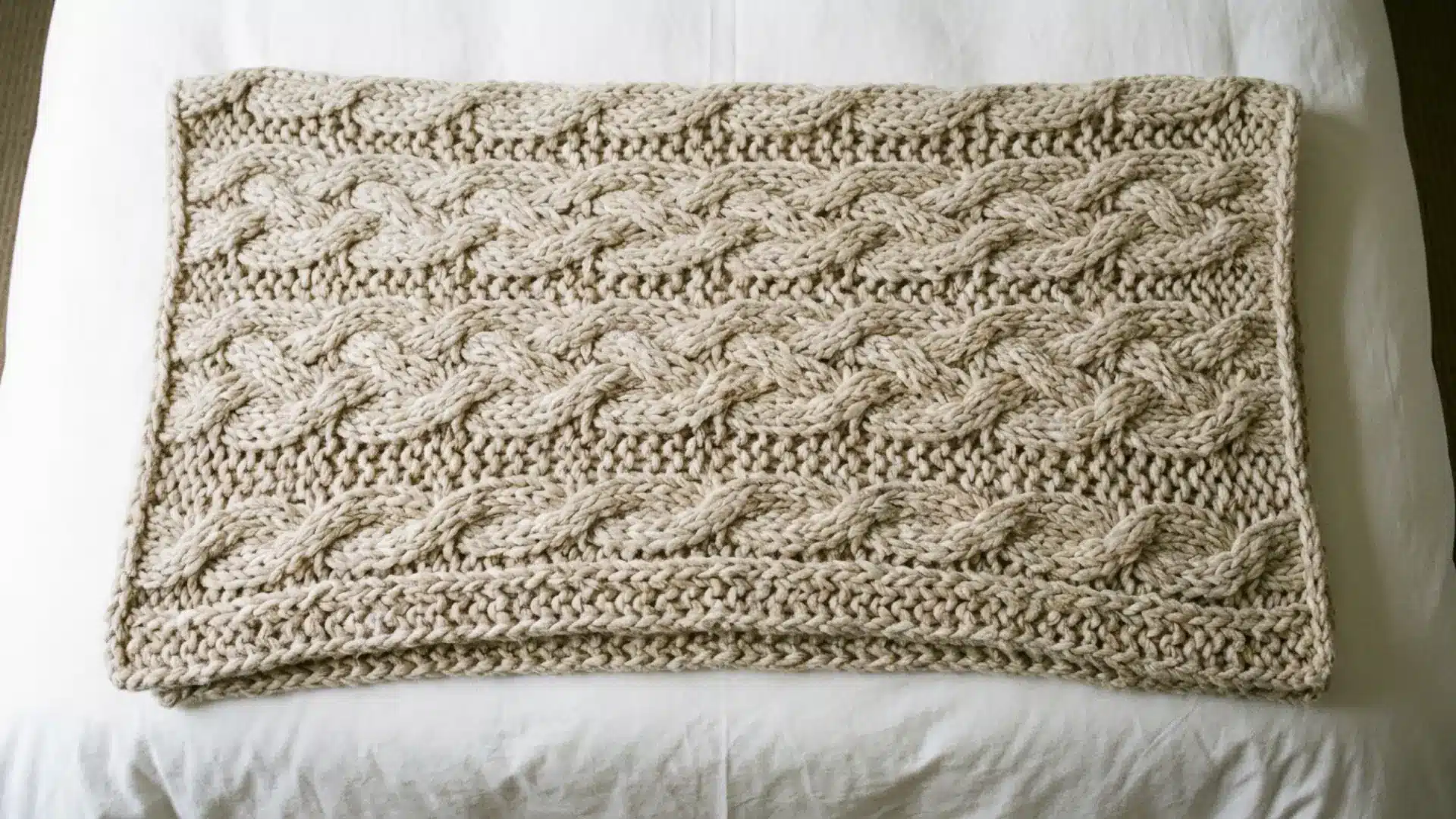 chunky oatmeal knit throw folded neatly at foot of white guest bed